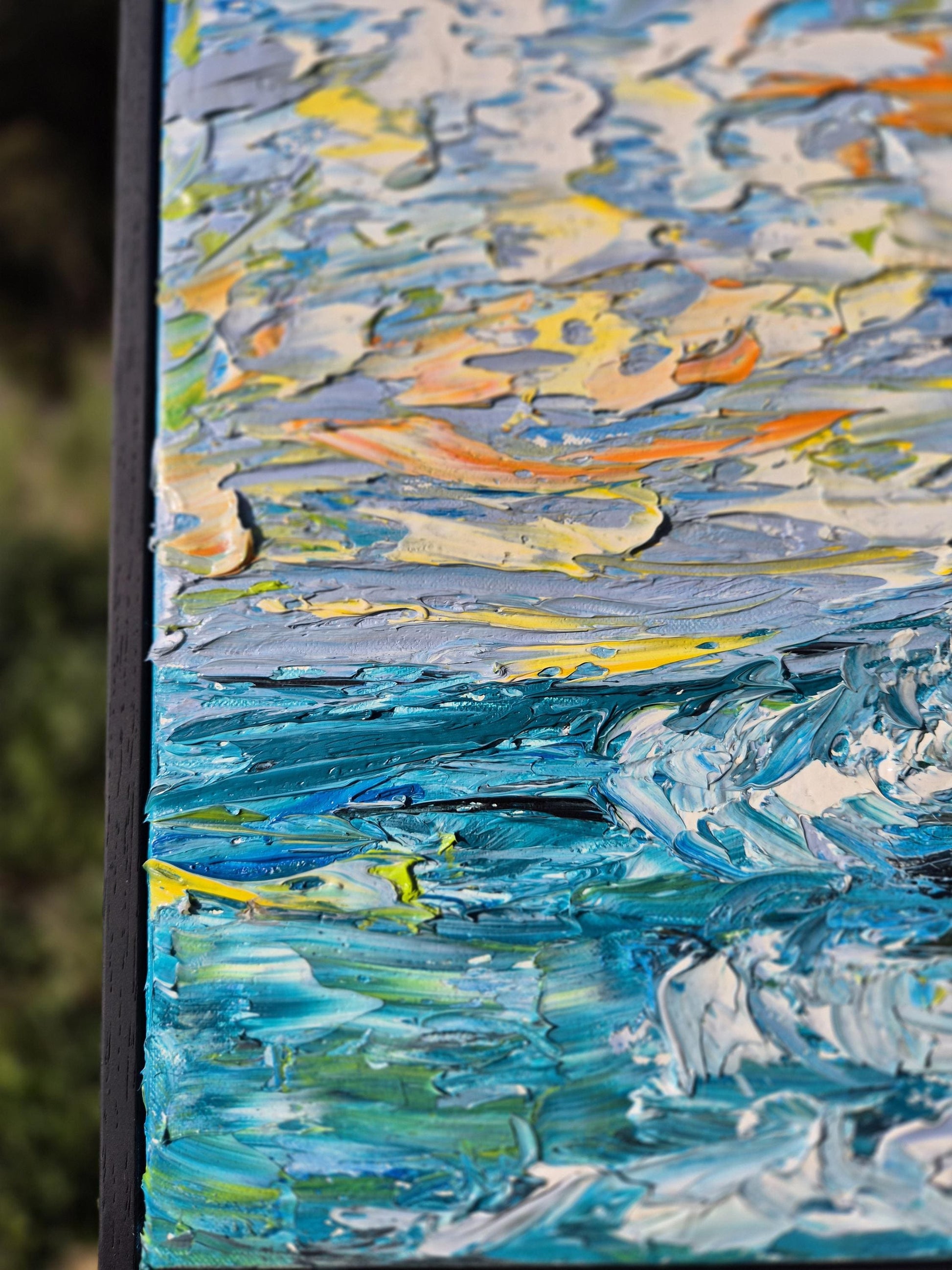 Azure Memory - Coastal Oil Painting - Abstract Ocean Cliff- Mediterranean Textured Canvas Art