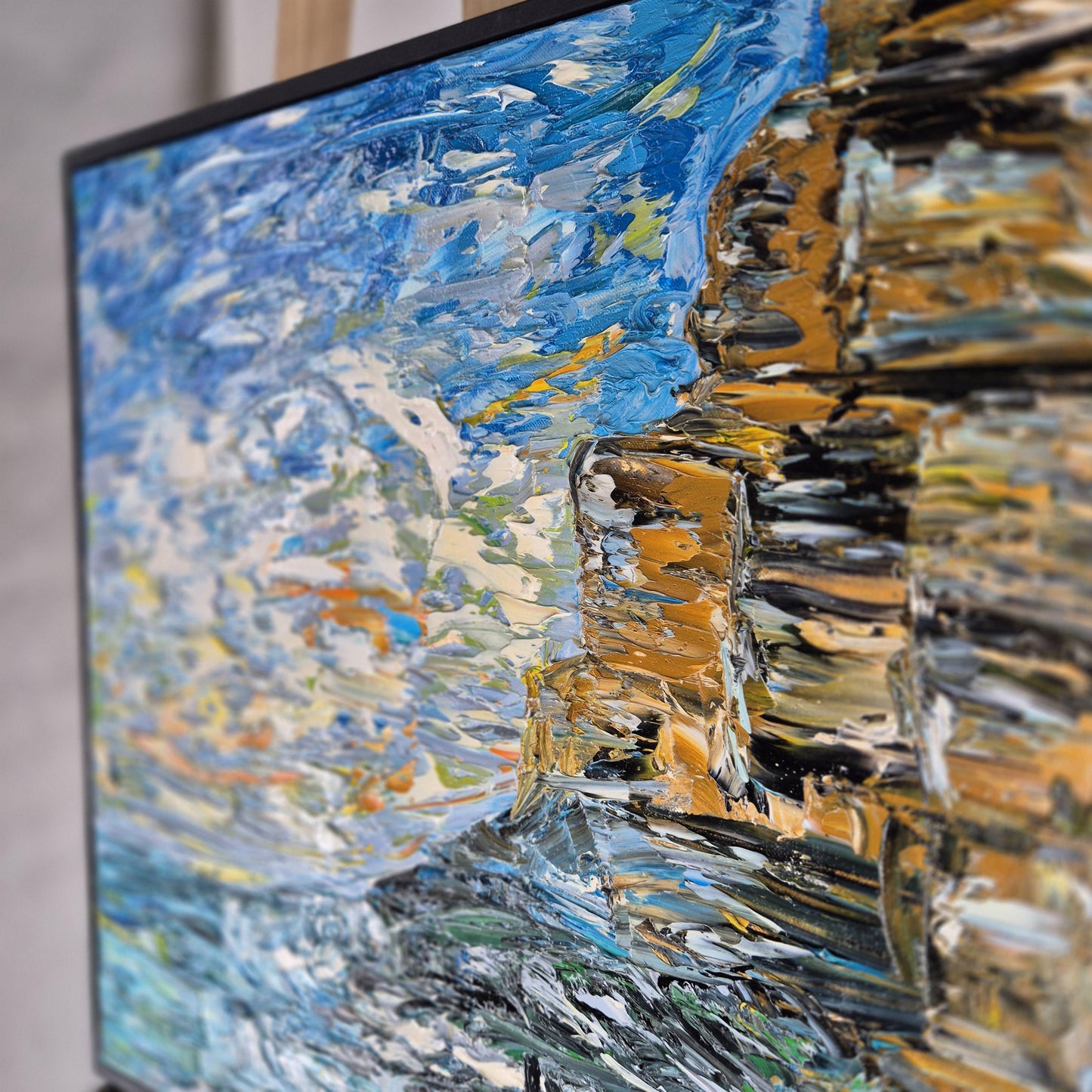 Azure Memory - Coastal Oil Painting - Abstract Ocean Cliff- Mediterranean Textured Canvas Art