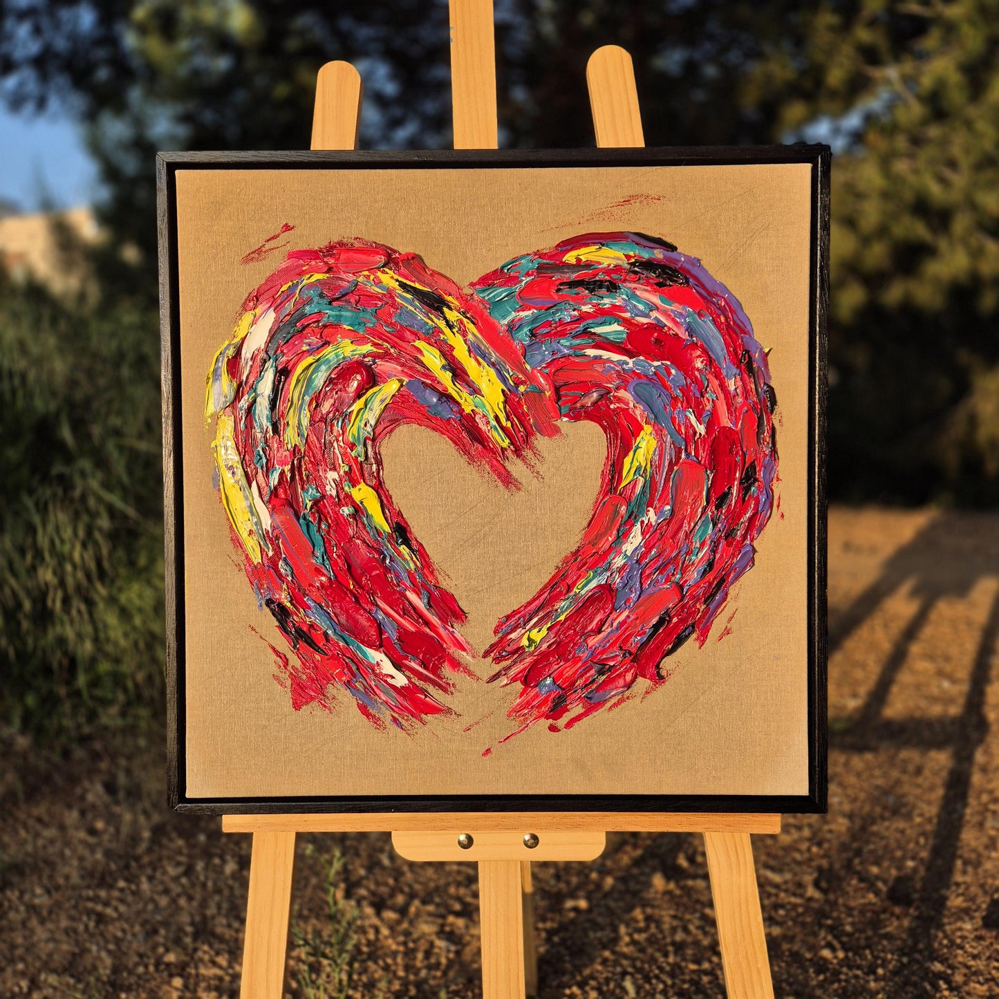 Textured Heart Oil Painting 62x62cm - Barelove - Colorful Abstract Love Art on Raw Canvas - Contemporary Palette Knife Wall Decor