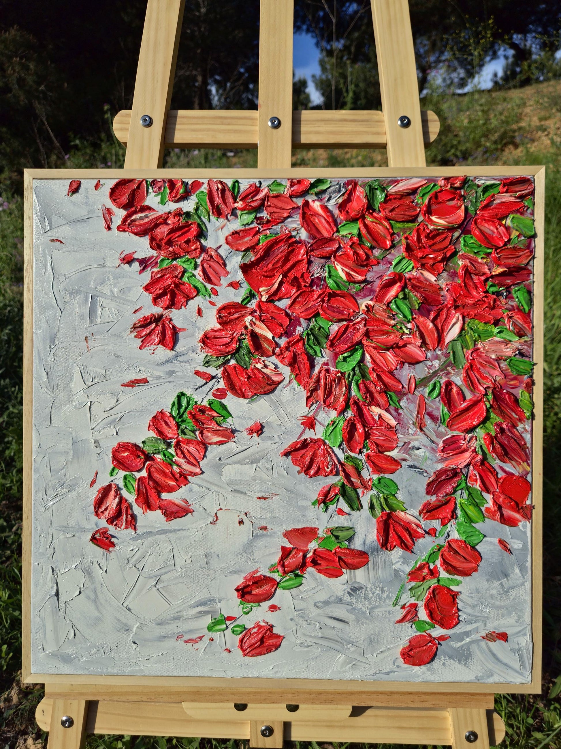 Scarlet Cascade - Red Floral Wall Art Abstract - Textured Petal Art - Cascading Botanical Painting