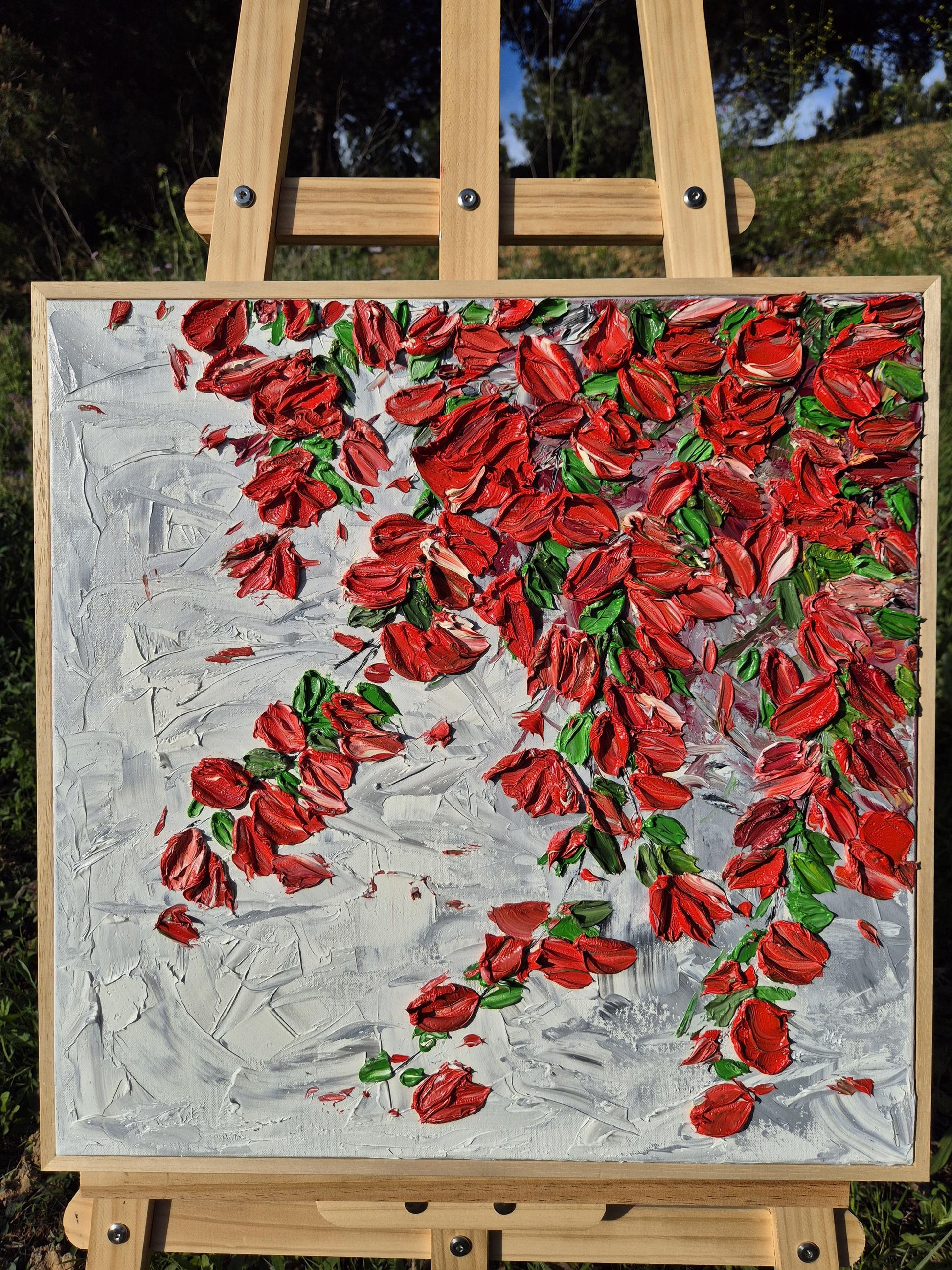 Scarlet Cascade - Red Floral Wall Art Abstract - Textured Petal Art - Cascading Botanical Painting