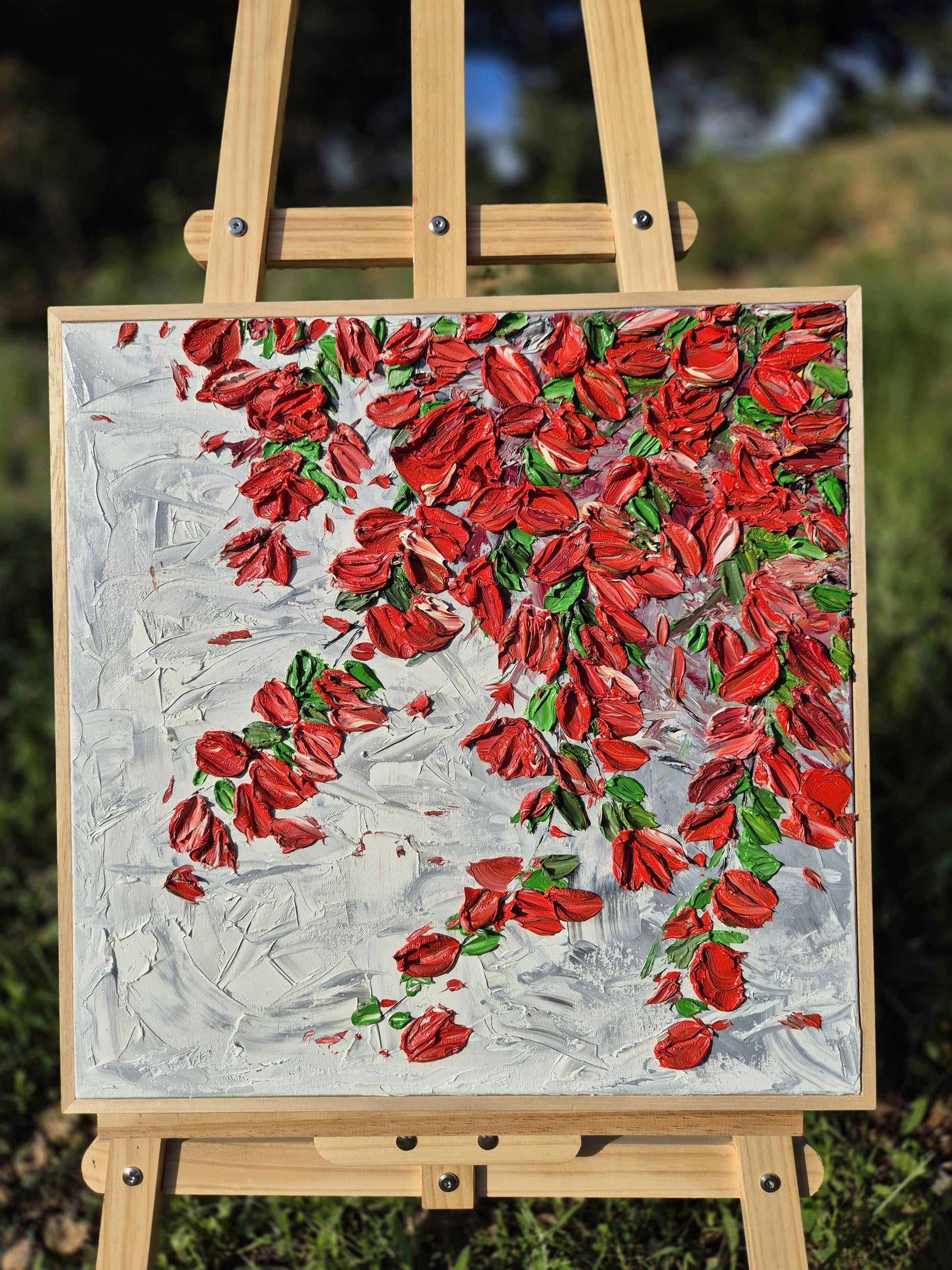 Scarlet Cascade - Red Floral Wall Art Abstract - Textured Petal Art - Cascading Botanical Painting