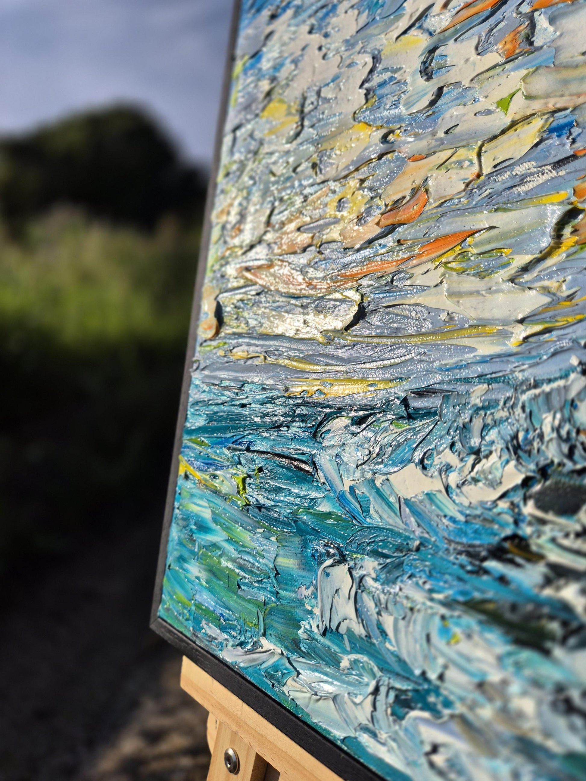 Azure Memory - Coastal Oil Painting - Abstract Ocean Cliff- Mediterranean Textured Canvas Art