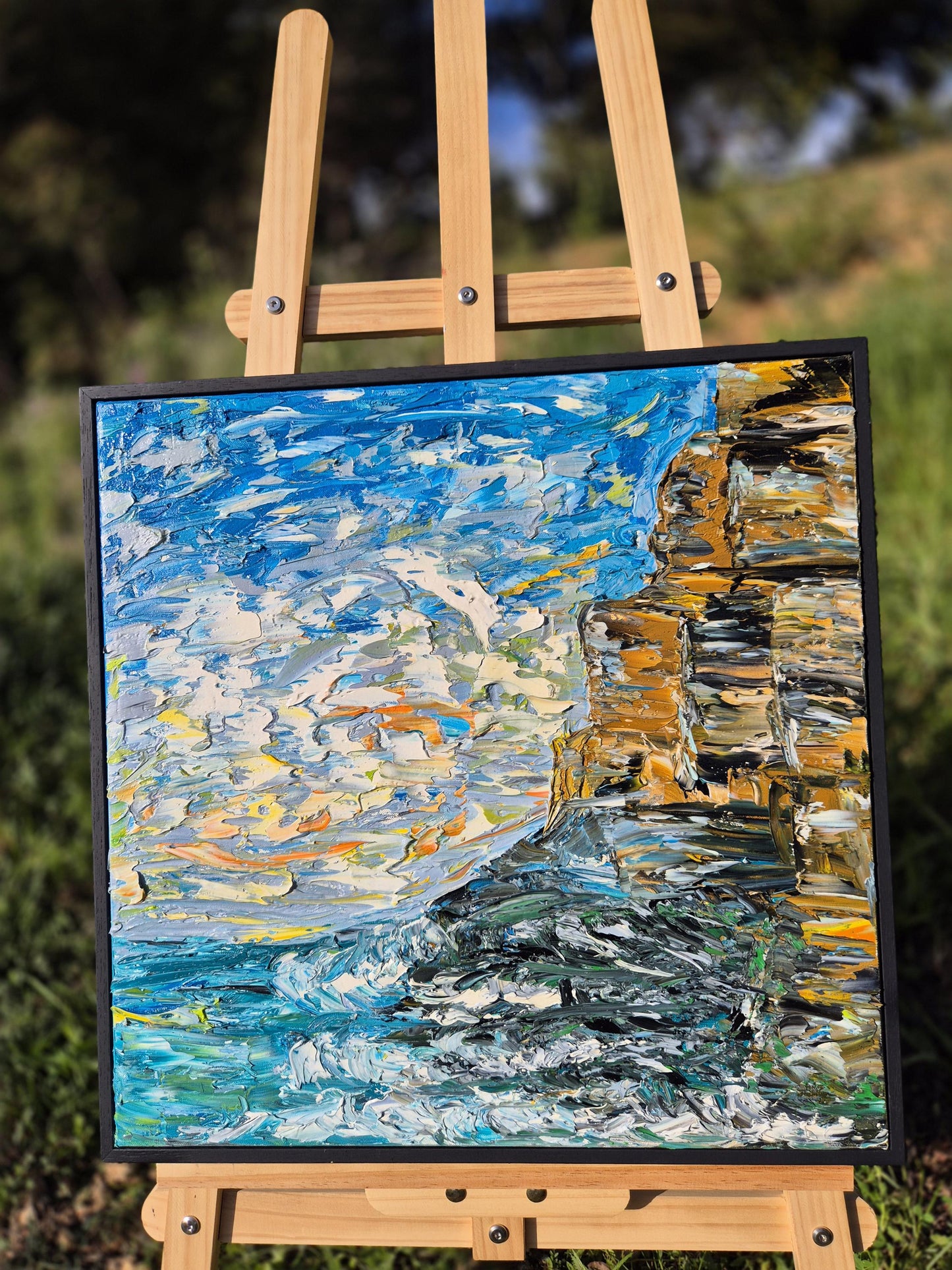 Azure Memory - Coastal Oil Painting - Abstract Ocean Cliff- Mediterranean Textured Canvas Art