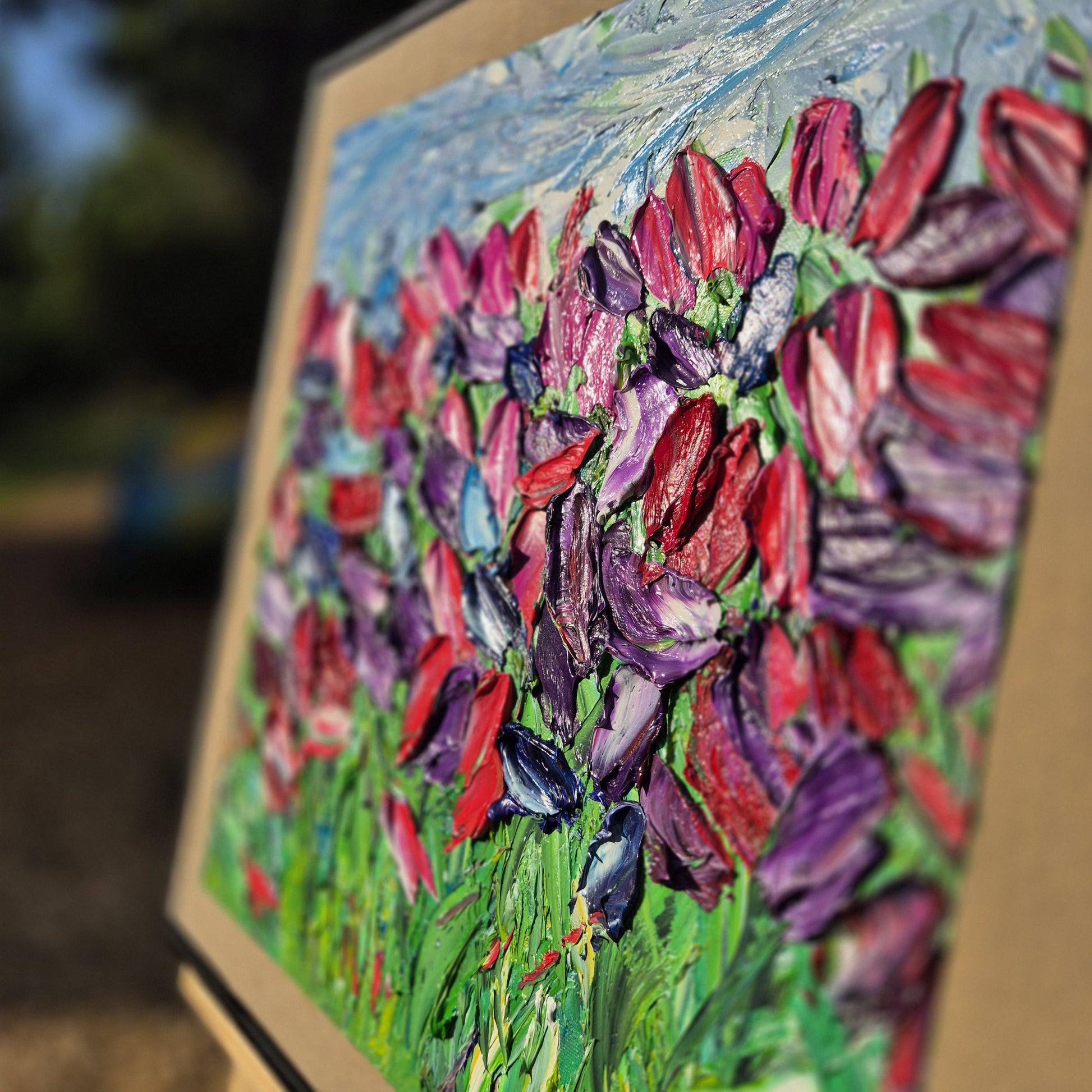 Quiet Garden - Original Textured Oil Painting on Canvas - Impressionist Tulip Field Wall Art - Framed&Ready to Hang