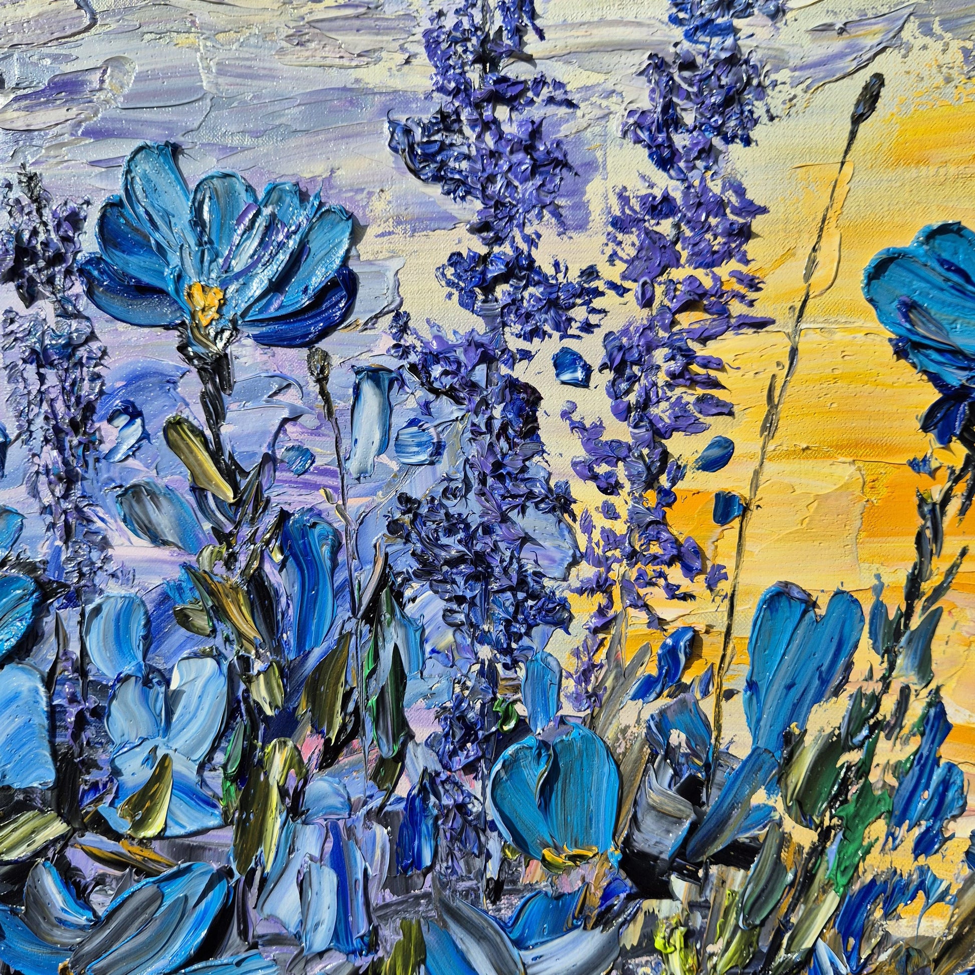 Azure Horizon - Large Textured Floral Oil Painting - Original Oil on Canvas - Colorful Abstract Flowers