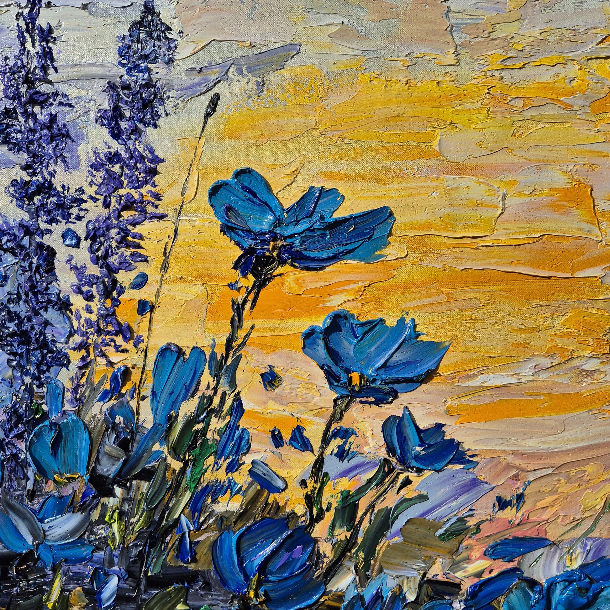 Azure Horizon - Large Textured Floral Oil Painting - Original Oil on Canvas - Colorful Abstract Flowers