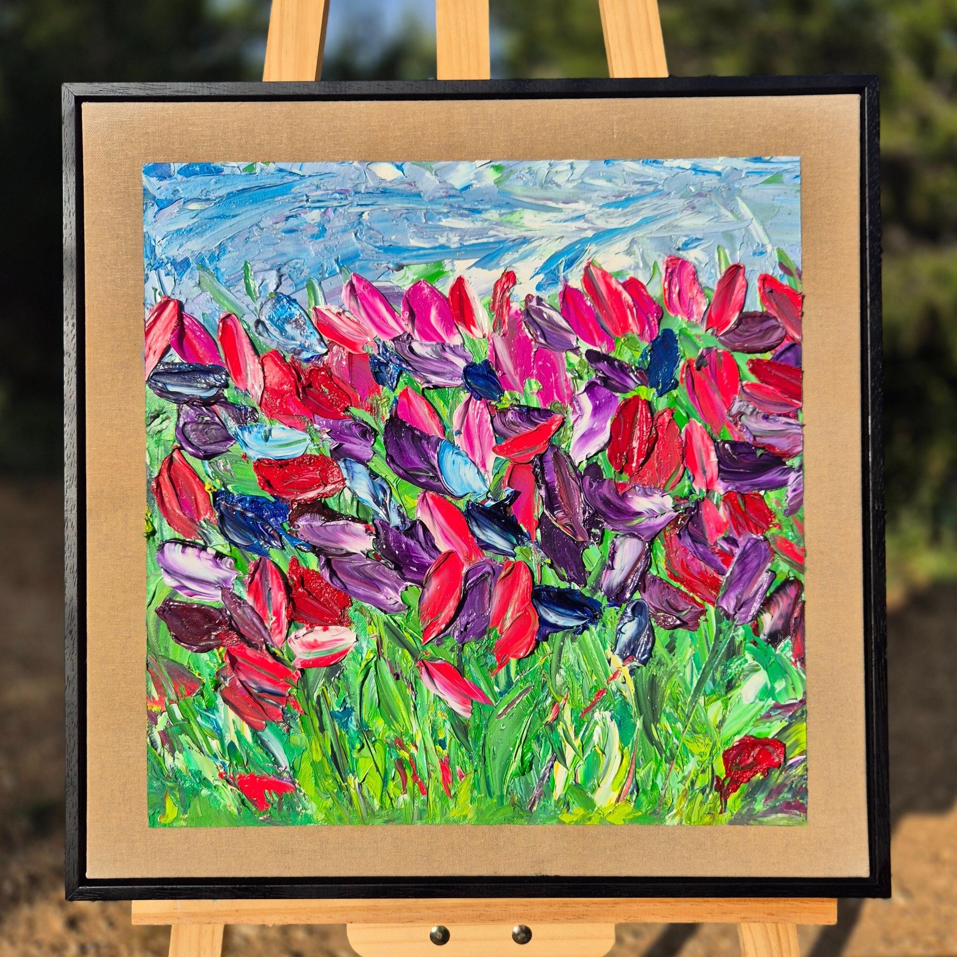 Quiet Garden - Original Textured Oil Painting on Canvas - Impressionist Tulip Field Wall Art - Framed&Ready to Hang