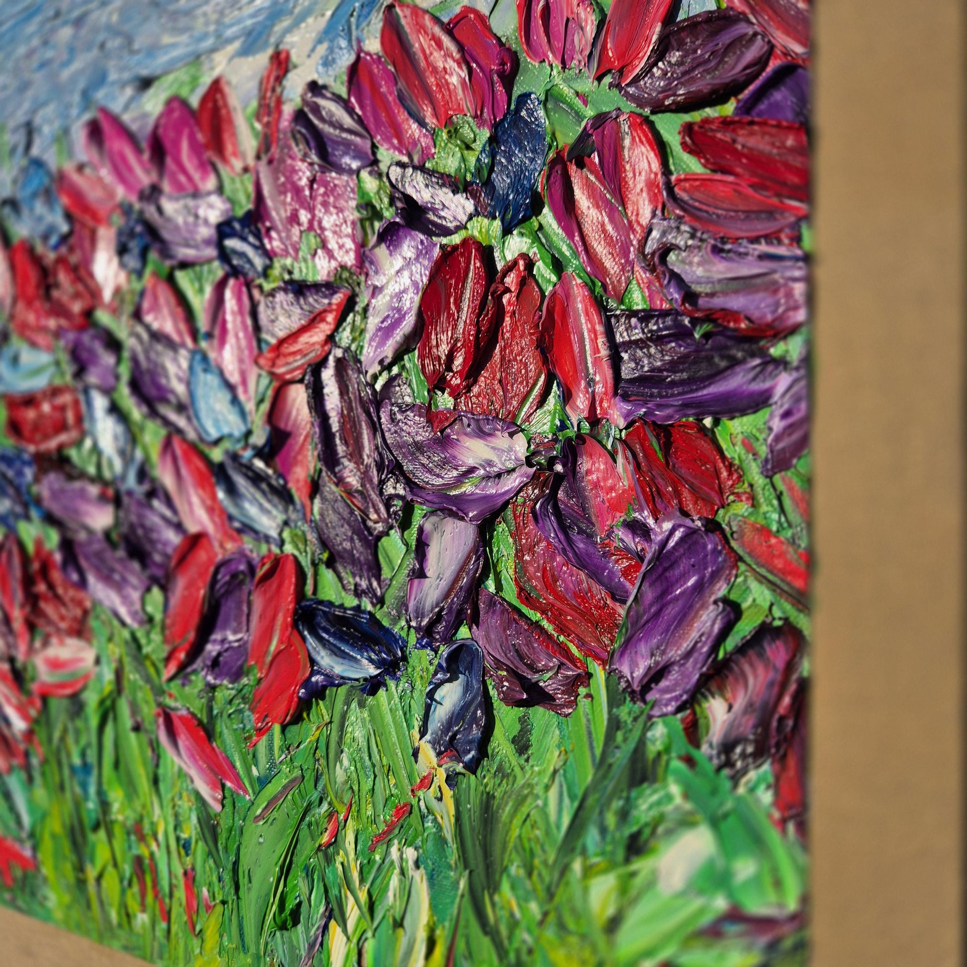 Quiet Garden - Original Textured Oil Painting on Canvas - Impressionist Tulip Field Wall Art - Framed&Ready to Hang