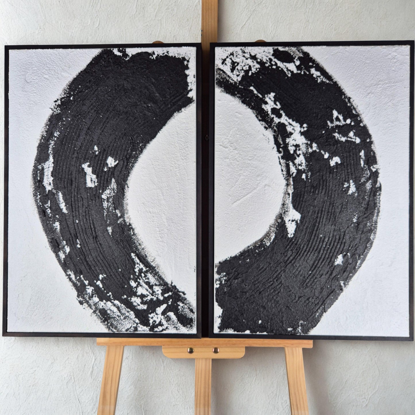 Zen Eclipse - Modern Abstract Black And White Art Diptych Textured Painting - Contemporary Wall Decor - Minimalist Energy