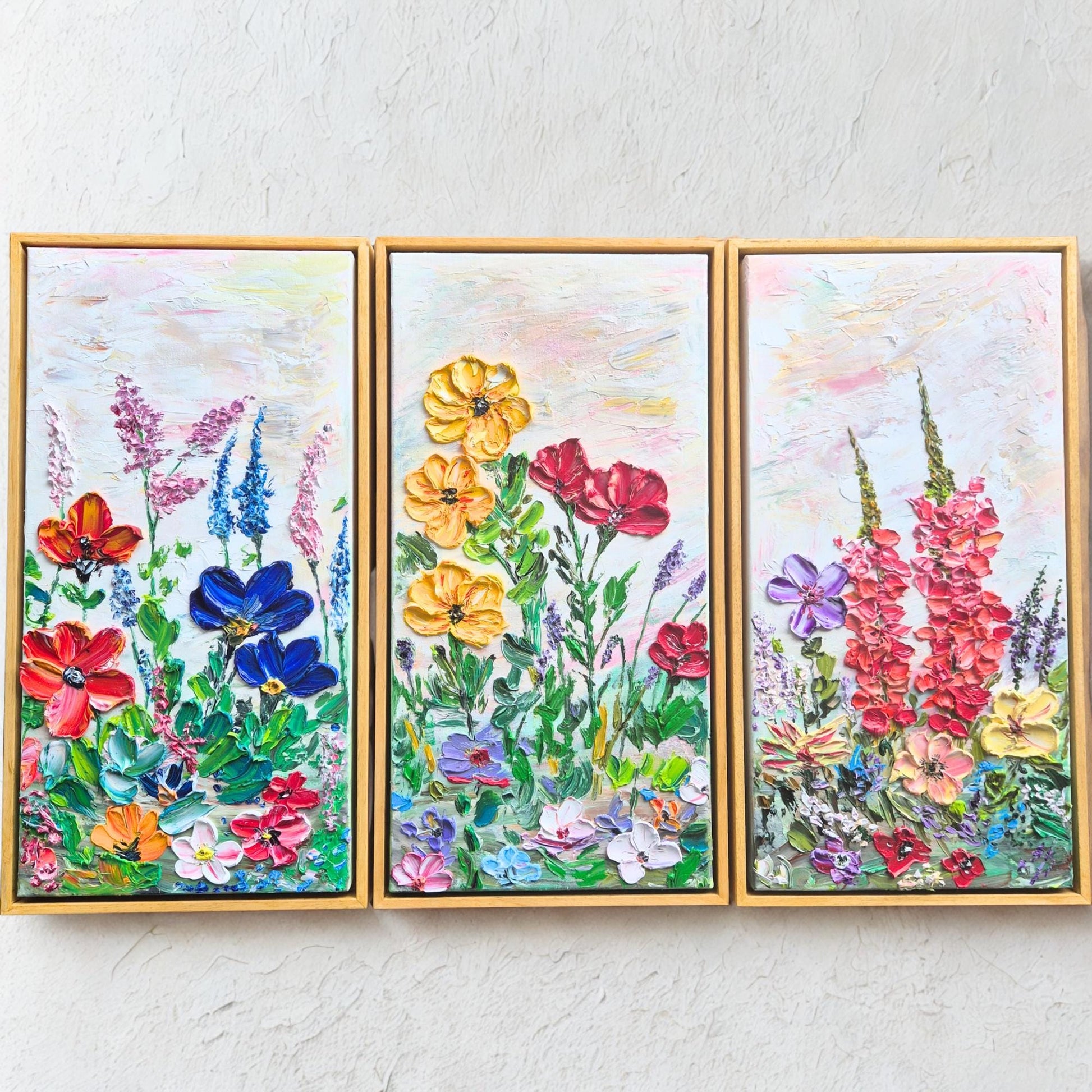 Flower Dance - Colorful Textured Flower Art - Floral Triptych - Blooming Flowers Painting - Bright Botanical Home Decor