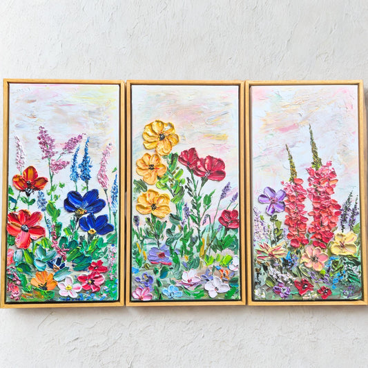 Flower Dance - Colorful Textured Flower Art - Floral Triptych - Blooming Flowers Painting - Bright Botanical Home Decor