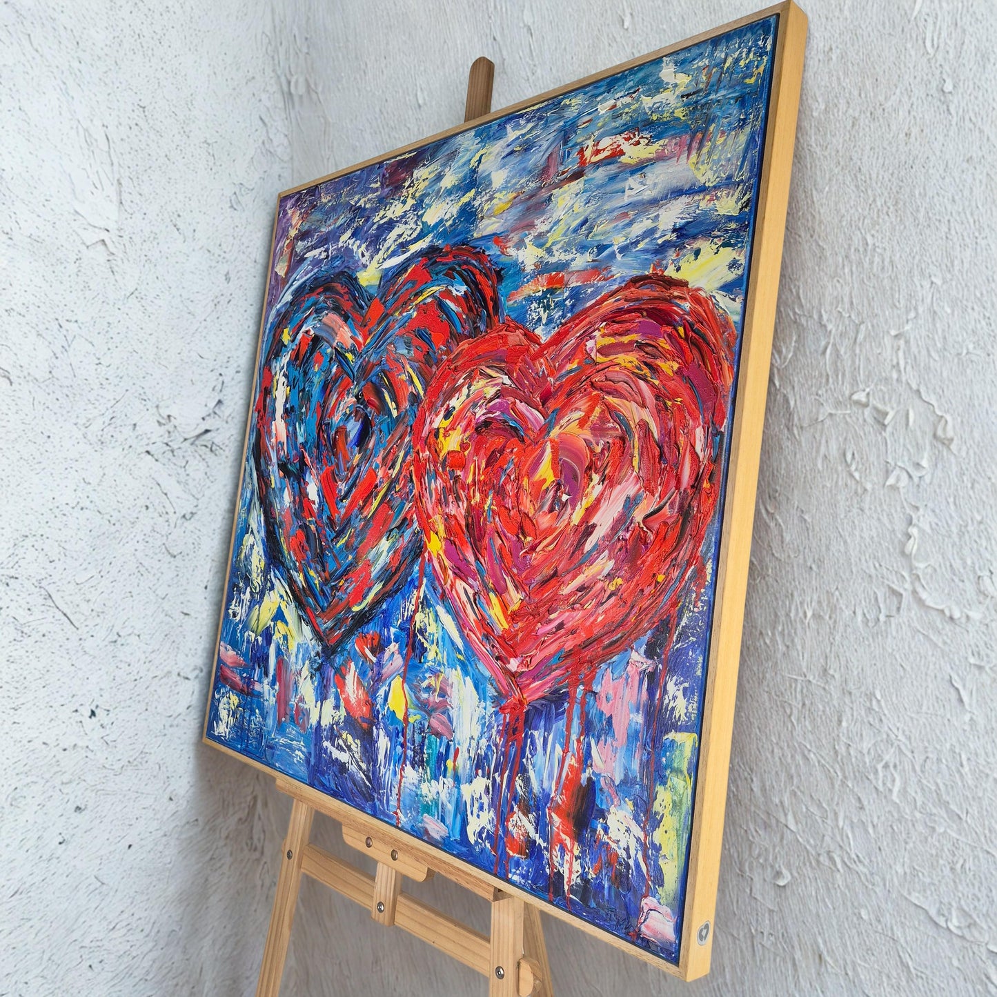 Original Abstract Oil Impasto Painting 92x92 cm - Ukrainian Hearts - Textured Canvas Contemporary Emotional Art on Handmade Wooden Frame
