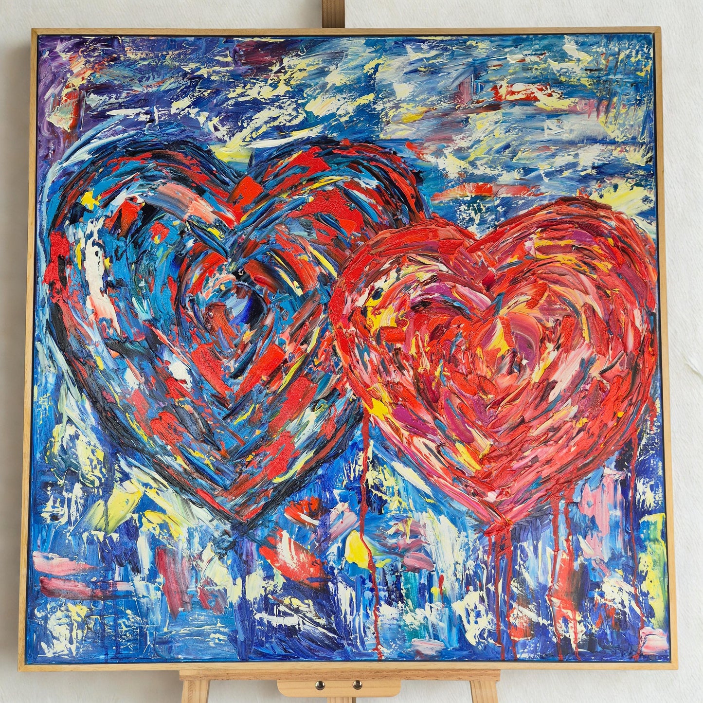 Original Abstract Oil Impasto Painting 92x92 cm - Ukrainian Hearts - Textured Canvas Contemporary Emotional Art on Handmade Wooden Frame