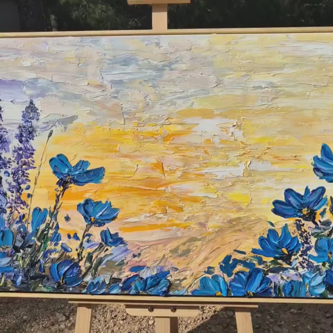 Large Textured Floral Oil Painting 122x62cm - Azure Horizon  - Abstract Flower Art on Canvas - Bright Colorful Garden Wall Decor
