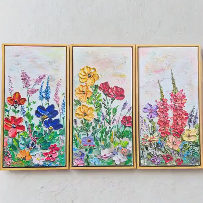 Original Oil Painting 96x62cm - Flower Dance - Colorful Textured Flower Art - Floral Triptych - Blooming Flowers Painting