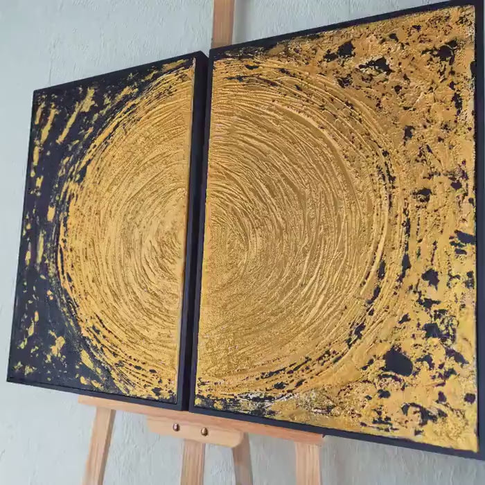 Auric Duality - Modern Abstract Wabi Sabi Painting- Black And Gold Art Diptych Textured Painting - Contemporary Wall Decor