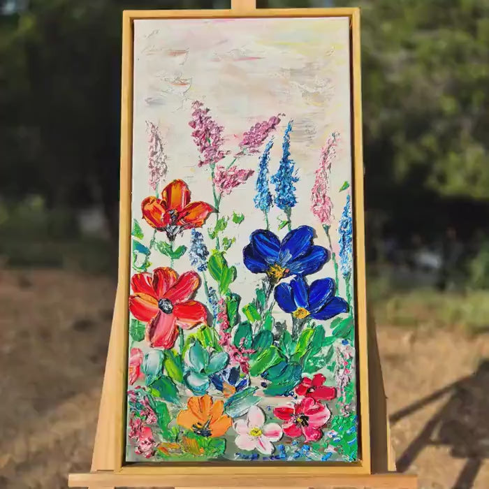 Colorful Textured Oil Floral Painting 62x32 cm - Flower Dance P.1.- Colorful Textured Flower Art - Blooming Flowers Painting