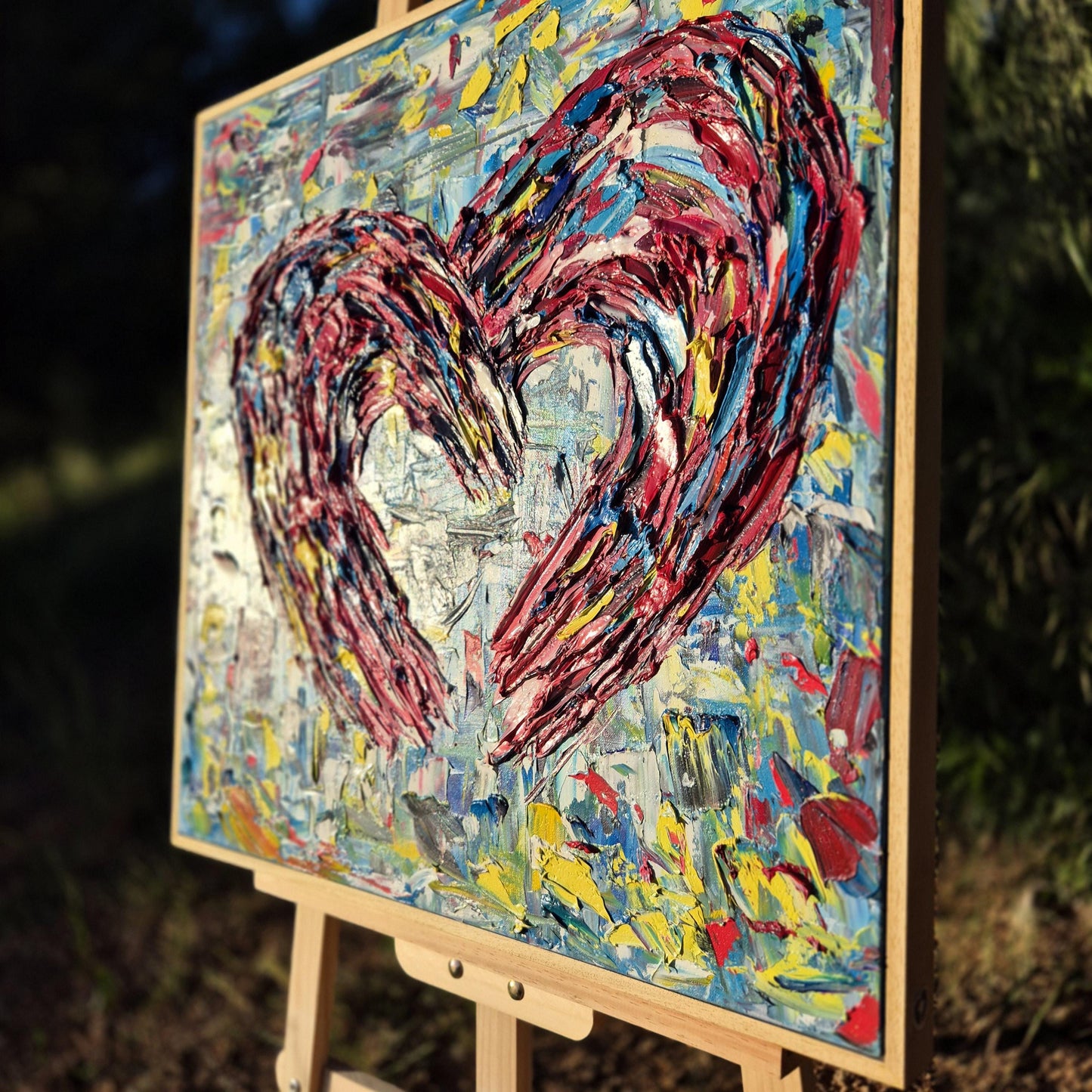 Colorful Heart Oil Painting on Canvas 62x62 cm - Lovescape - Textured Abstract Modern Art - Romantic Framed Palette Knife Art