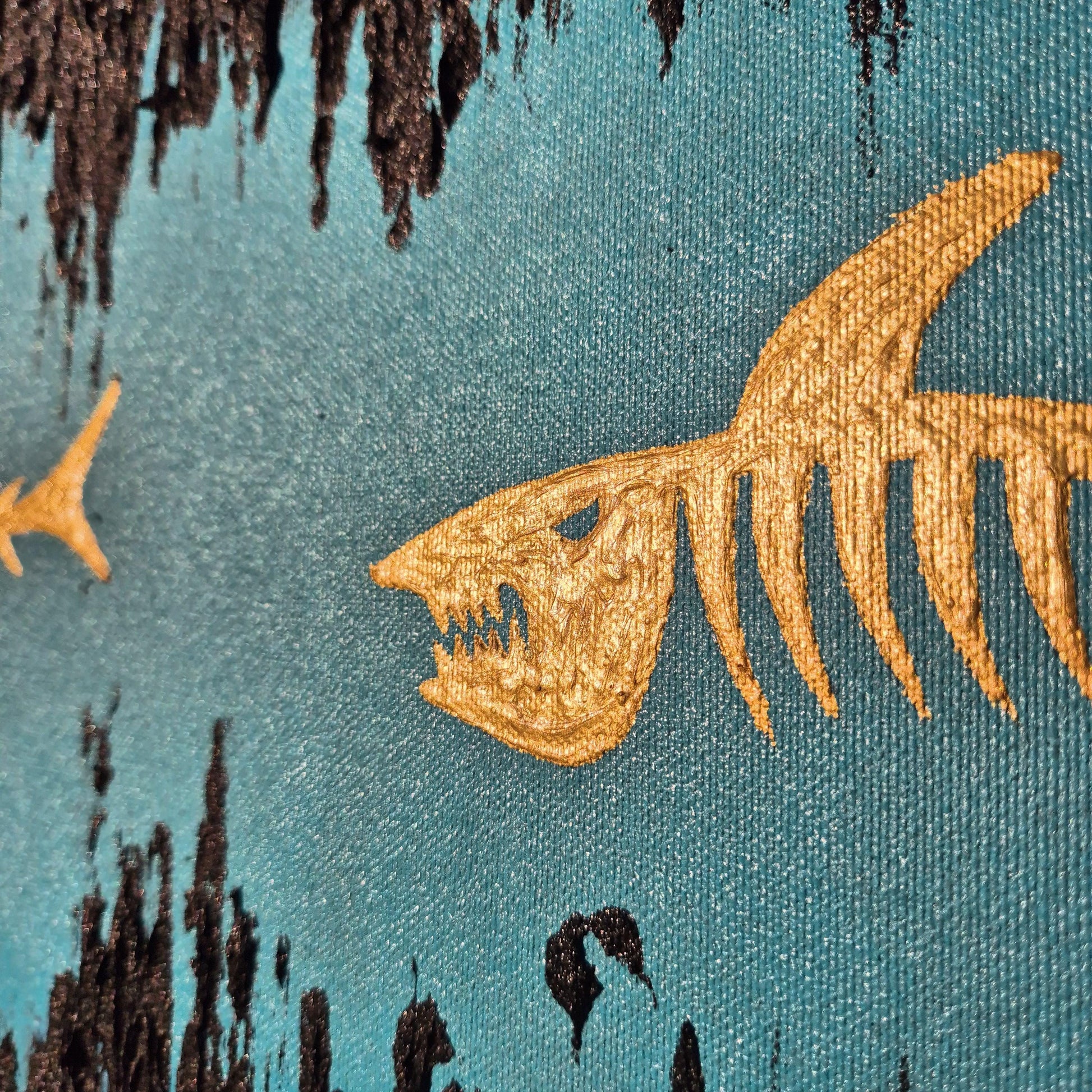 The Last Swim - Minimalist Sea Inspired Art - Skeleton Fish Painting - Textured Canvas Abstract Ocean Art - Large Framed Wall Decor