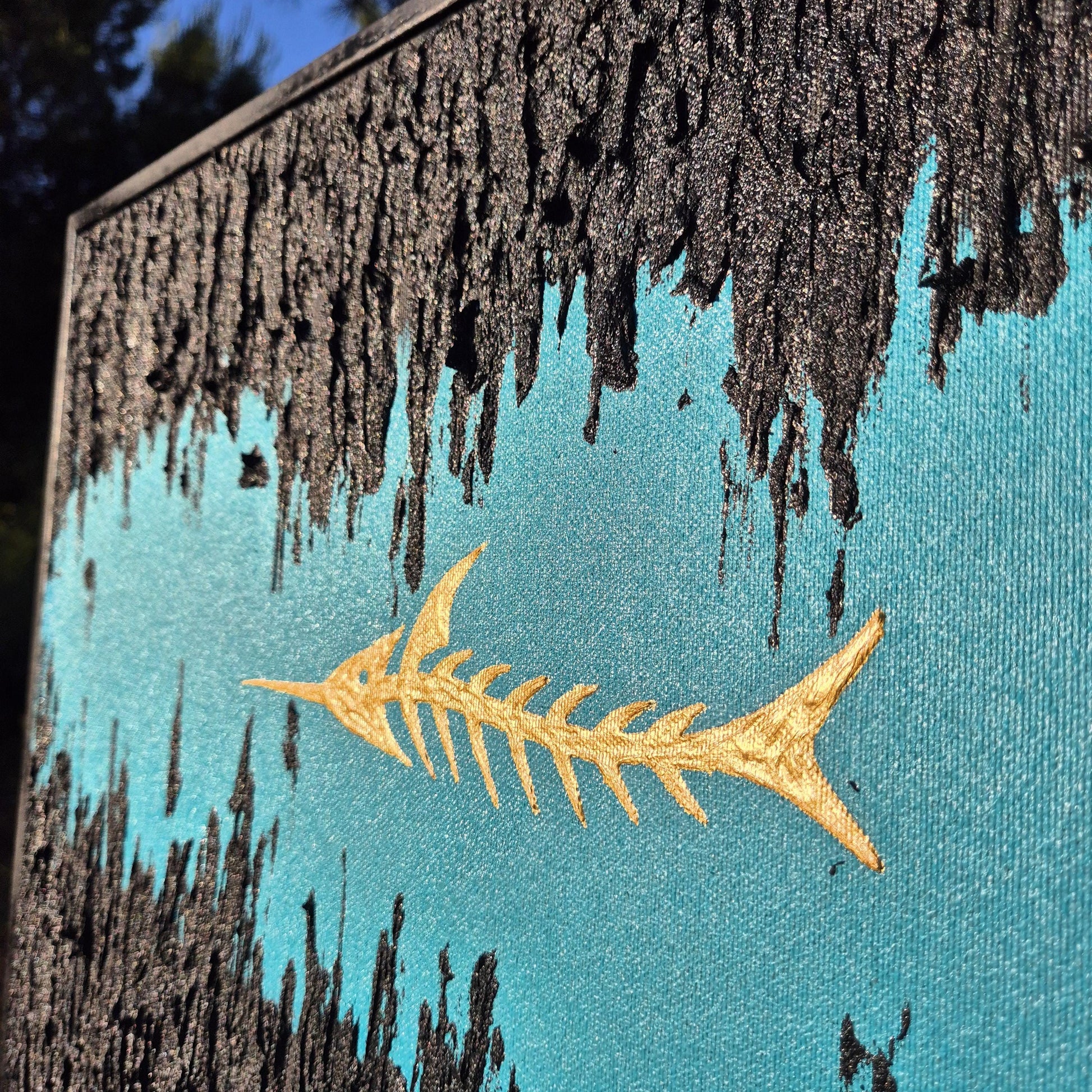 The Last Swim - Minimalist Sea Inspired Art - Skeleton Fish Painting - Textured Canvas Abstract Ocean Art - Large Framed Wall Decor