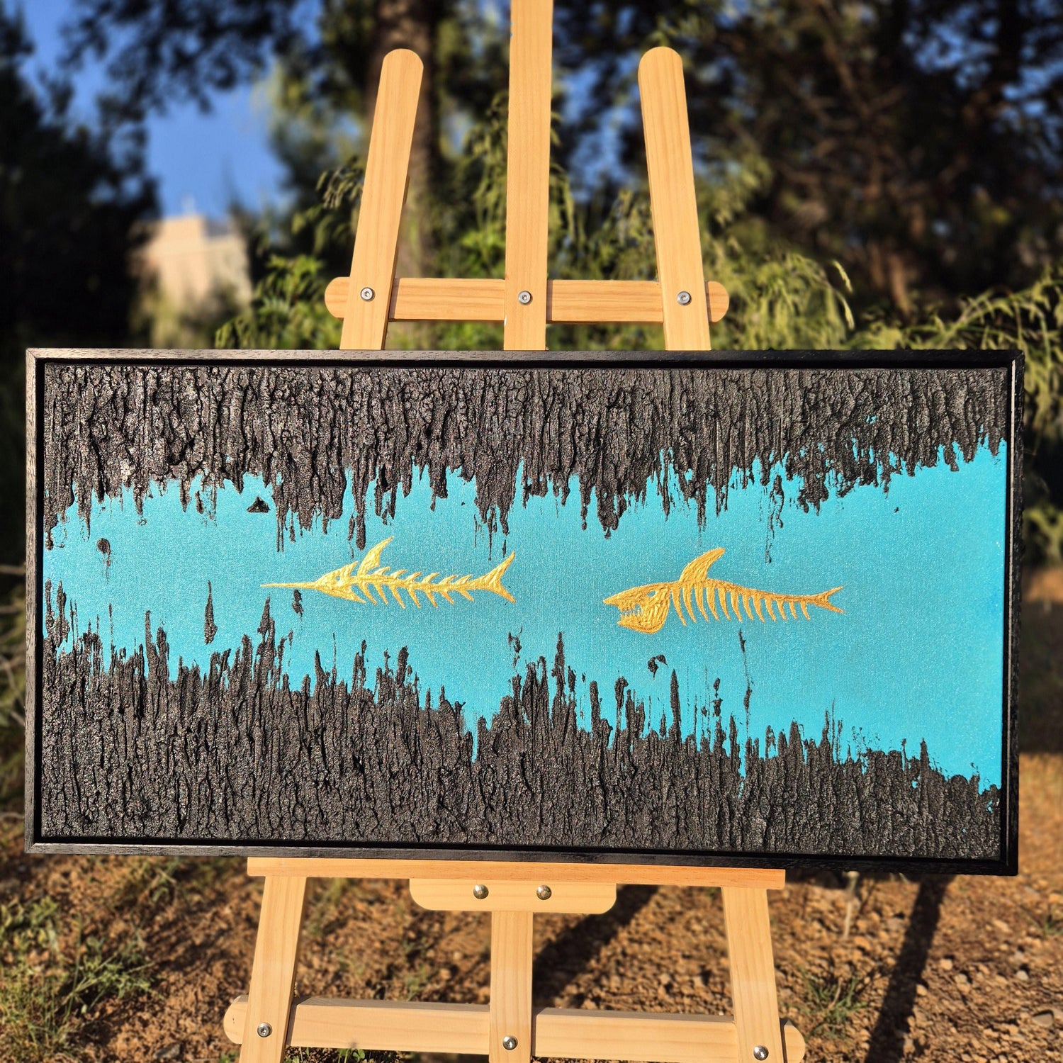 The Last Swim - Minimalist Sea Inspired Art - Skeleton Fish Painting - Textured Canvas Abstract Ocean Art - Large Framed Wall Decor