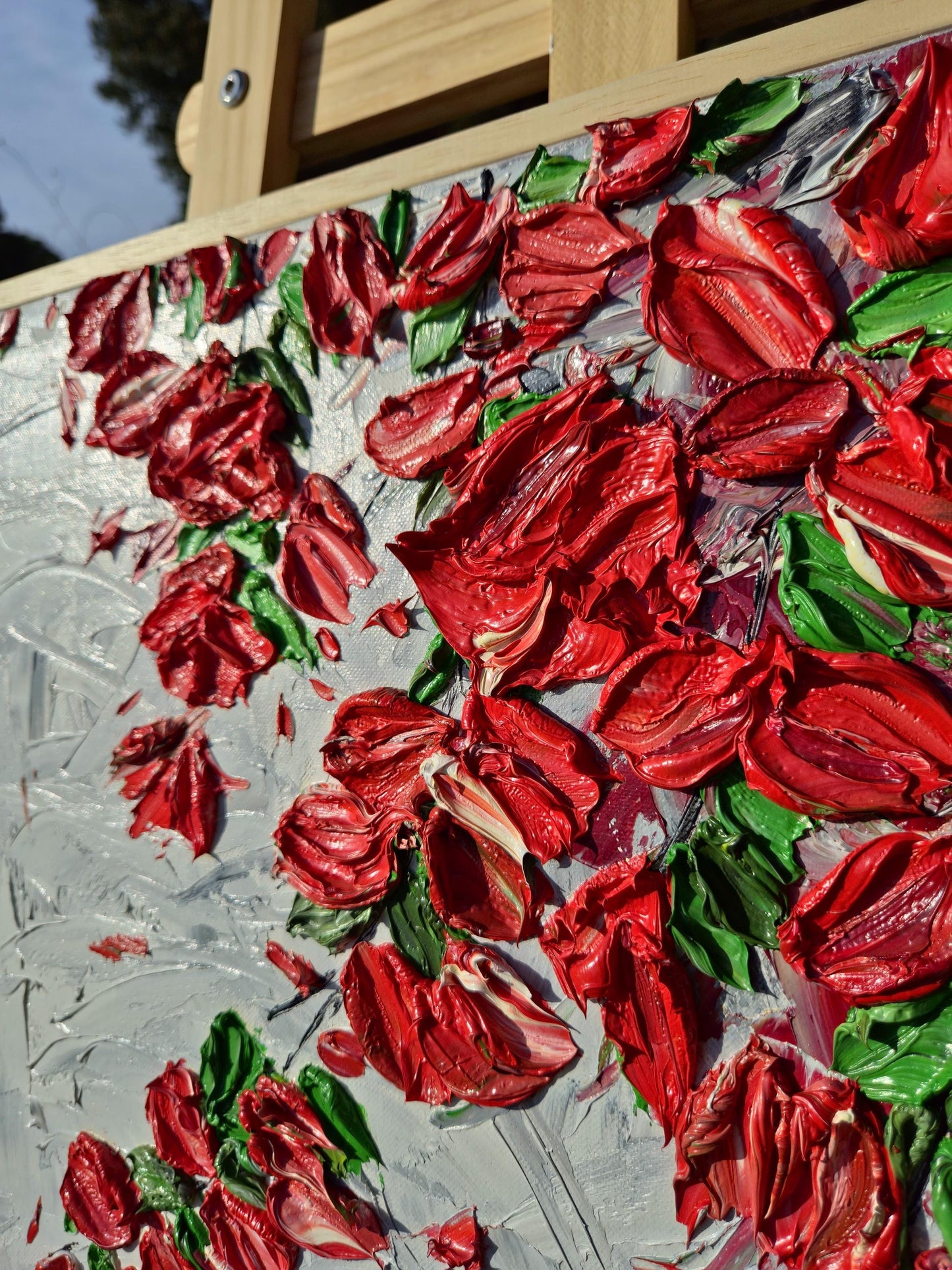 Original Oil Painting 52x52cm - Scarlet Cascade - Red Floral Wall Art Abstract - Textured Petal Art - Cascading Botanical Painting