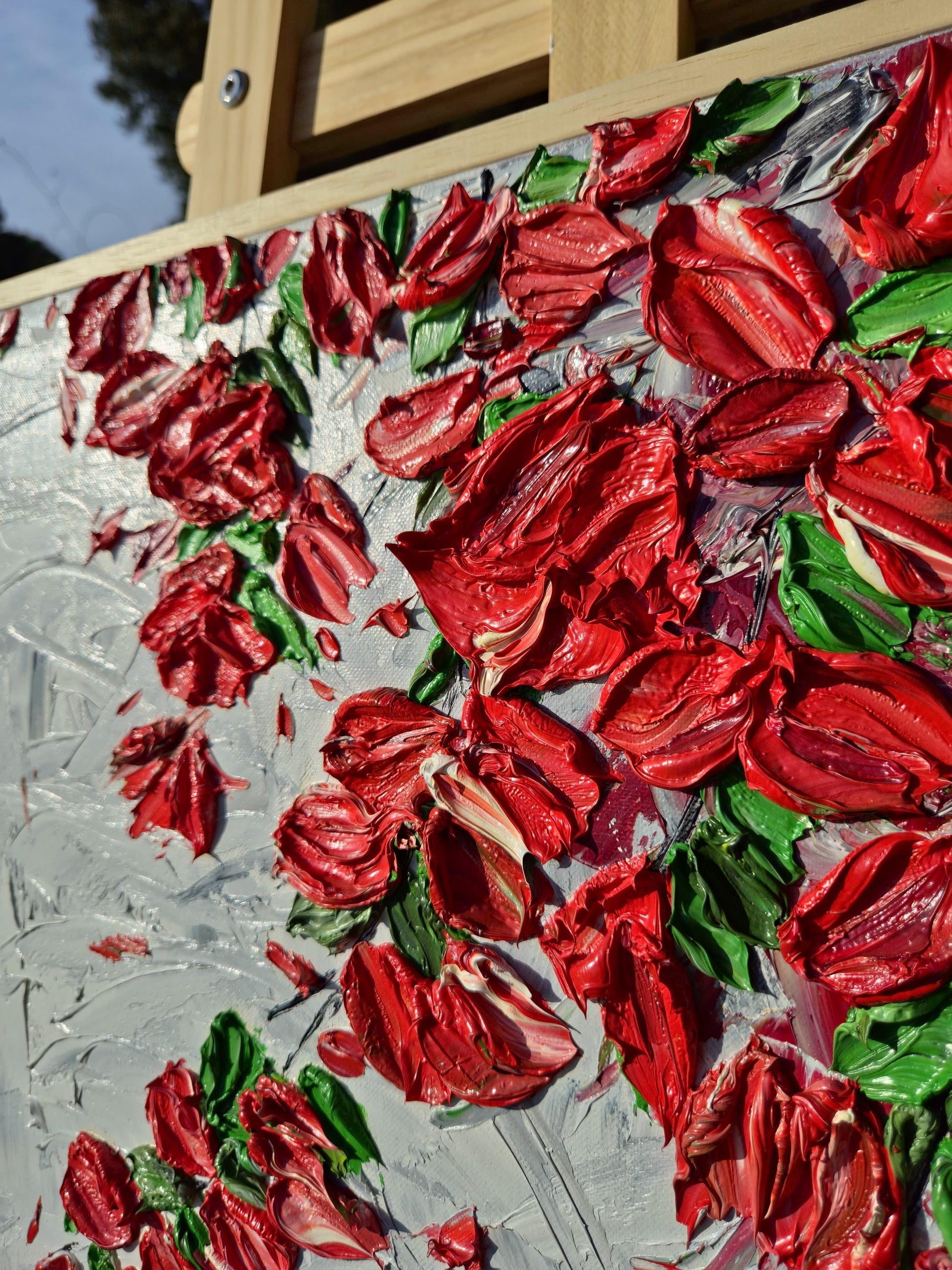 Original Oil Painting 52x52cm - Scarlet Cascade - Red Floral Wall Art Abstract - Textured Petal Art - Cascading Botanical Painting