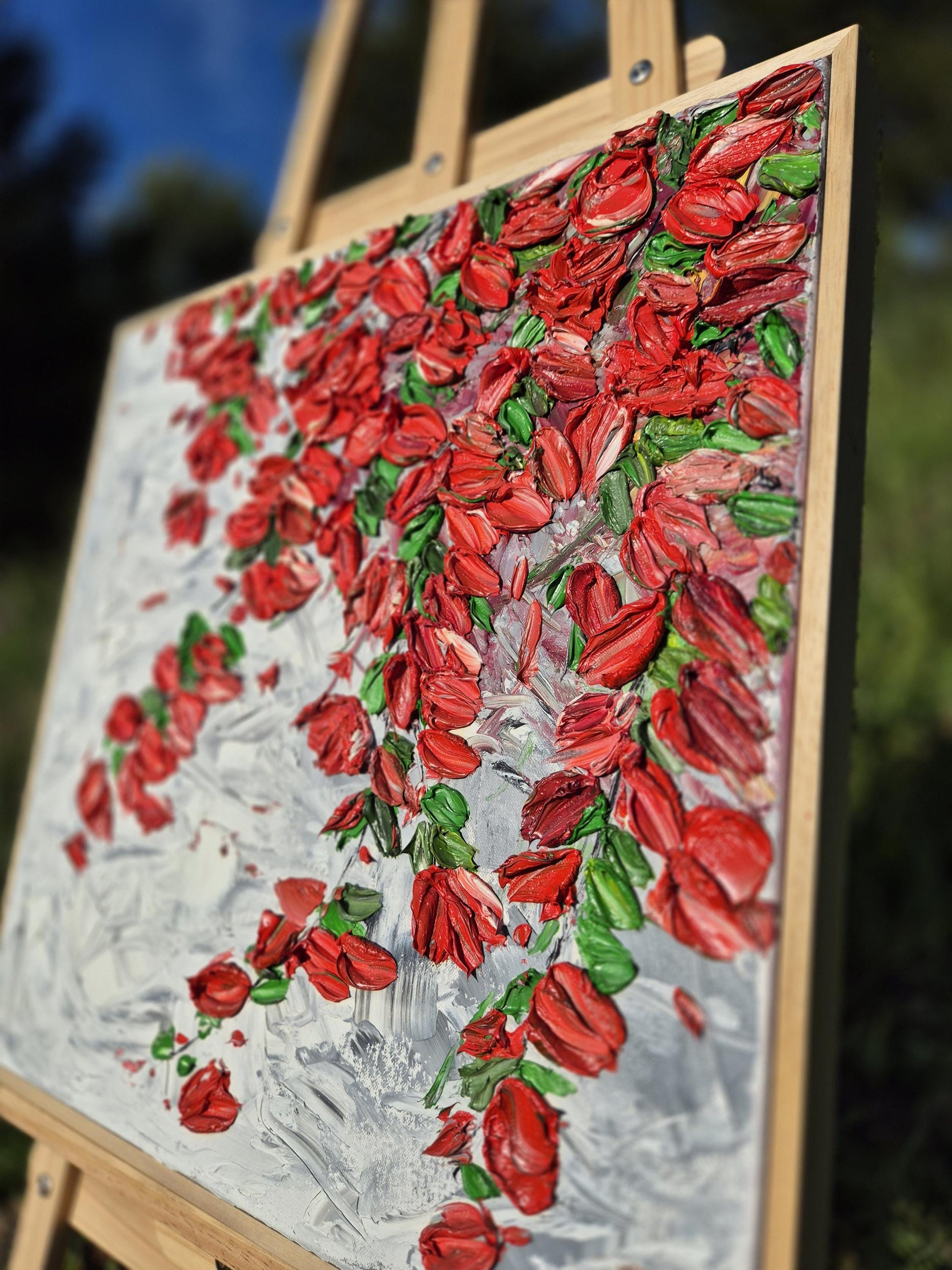 Original Oil Painting 52x52cm - Scarlet Cascade - Red Floral Wall Art Abstract - Textured Petal Art - Cascading Botanical Painting
