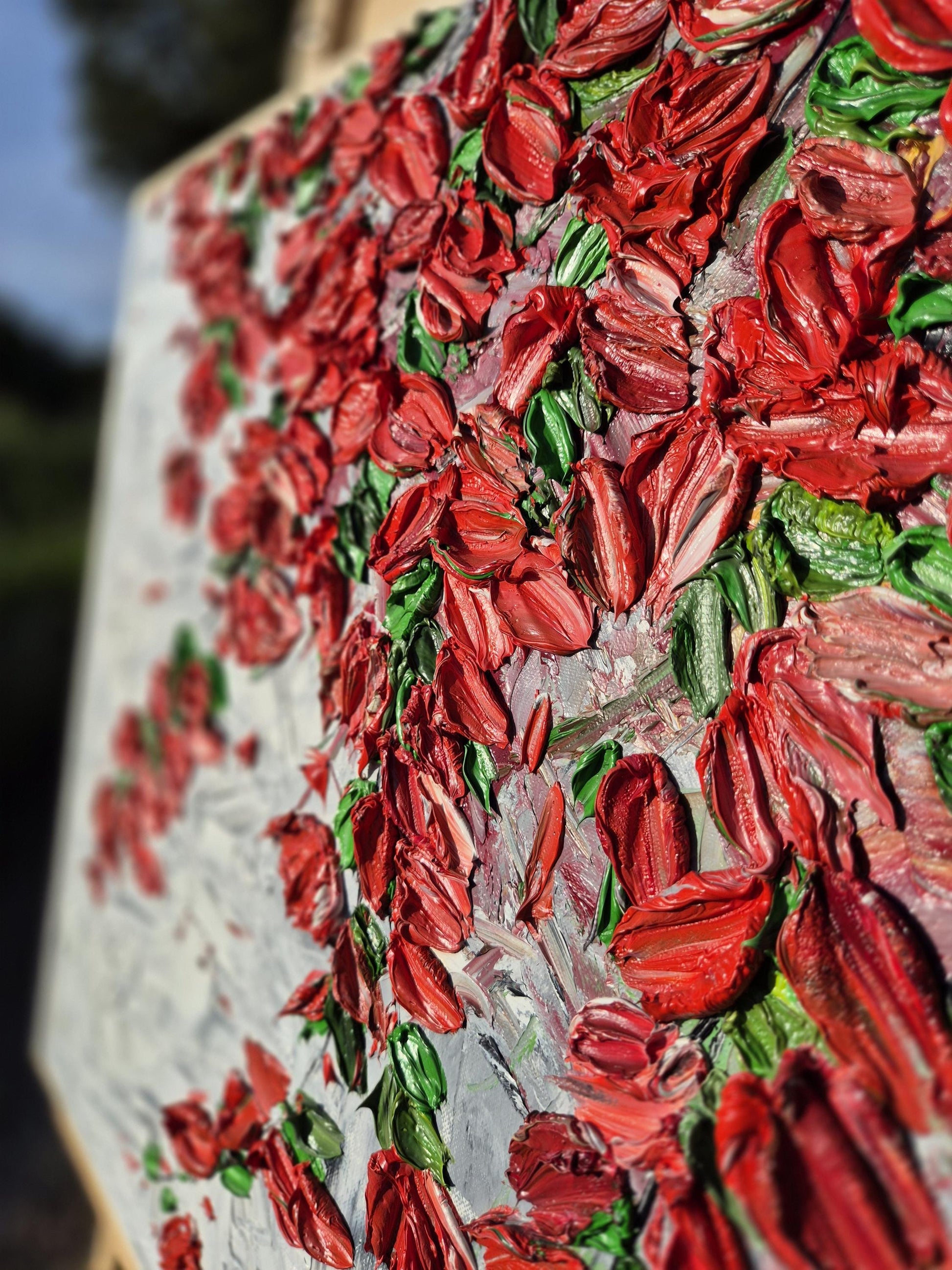 Original Oil Painting 52x52cm - Scarlet Cascade - Red Floral Wall Art Abstract - Textured Petal Art - Cascading Botanical Painting