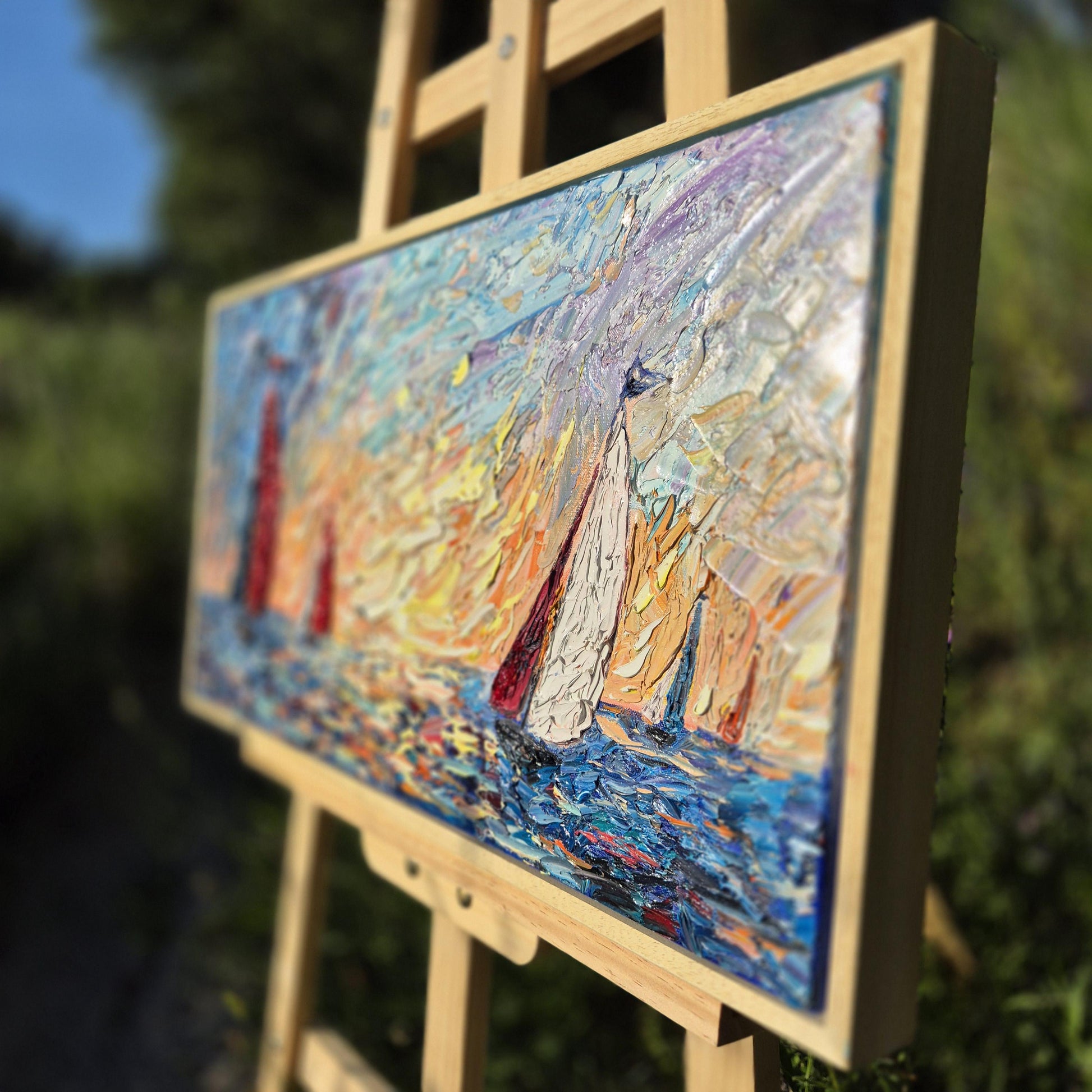 Sunset Regatta - Textured Oil Painting on Canvas - Colorful Seascape Sailing Art for Coastal Decor