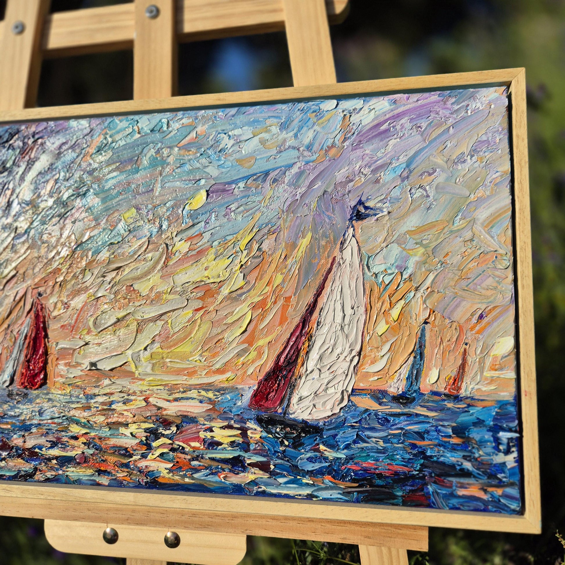Sunset Regatta - Textured Oil Painting on Canvas - Colorful Seascape Sailing Art for Coastal Decor