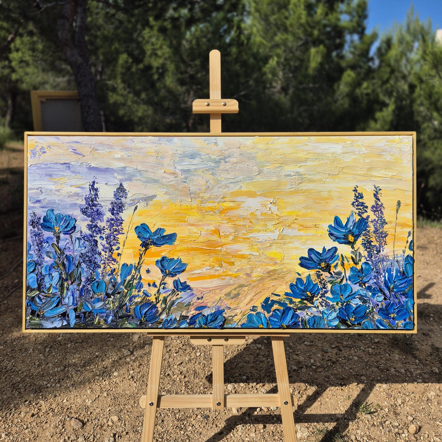Large Textured Floral Oil Painting 122x62cm - Azure Horizon - Abstract Flower Art on Canvas - Bright Colorful Garden Wall Decor