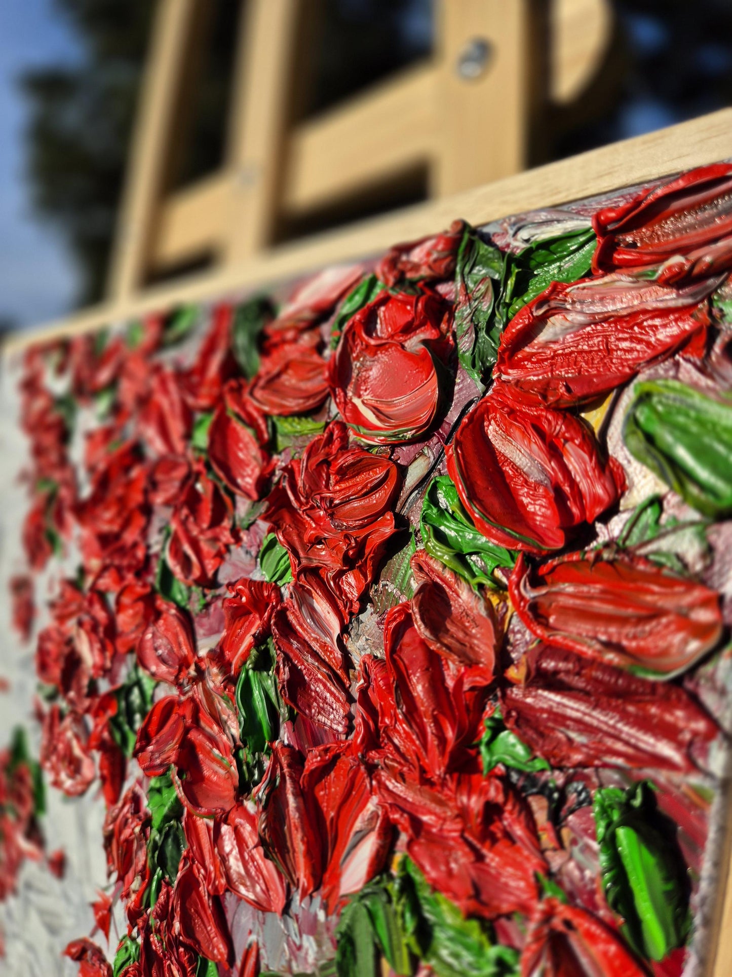 Original Oil Painting 52x52cm - Scarlet Cascade - Red Floral Wall Art Abstract - Textured Petal Art - Cascading Botanical Painting