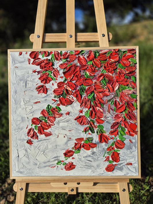 Scarlet Cascade - Red Floral Wall Art Abstract - Textured Petal Art - Cascading Botanical Painting