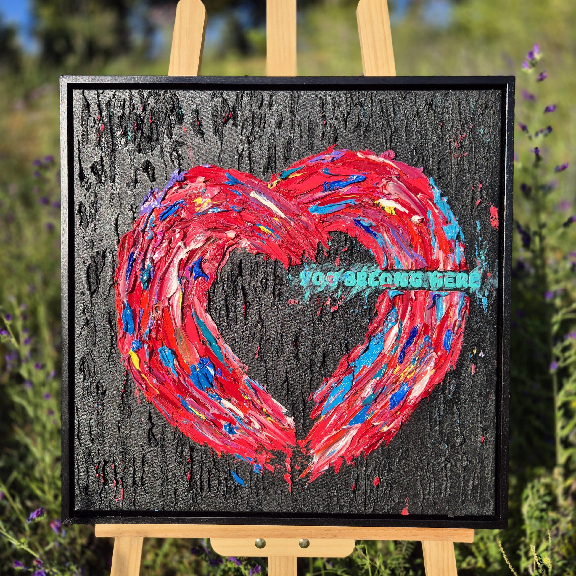 Heart Abstract Oil Painting 52x52 cm - You Belong Here Textured Oil on Canvas - Contemporary Impasto Emotion Art - Framed Decor