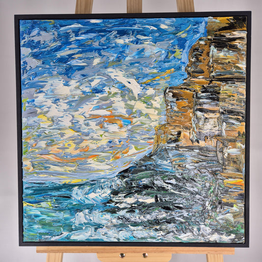 Azure Memory - Coastal Oil Painting - Abstract Ocean Cliff- Mediterranean Textured Canvas Art