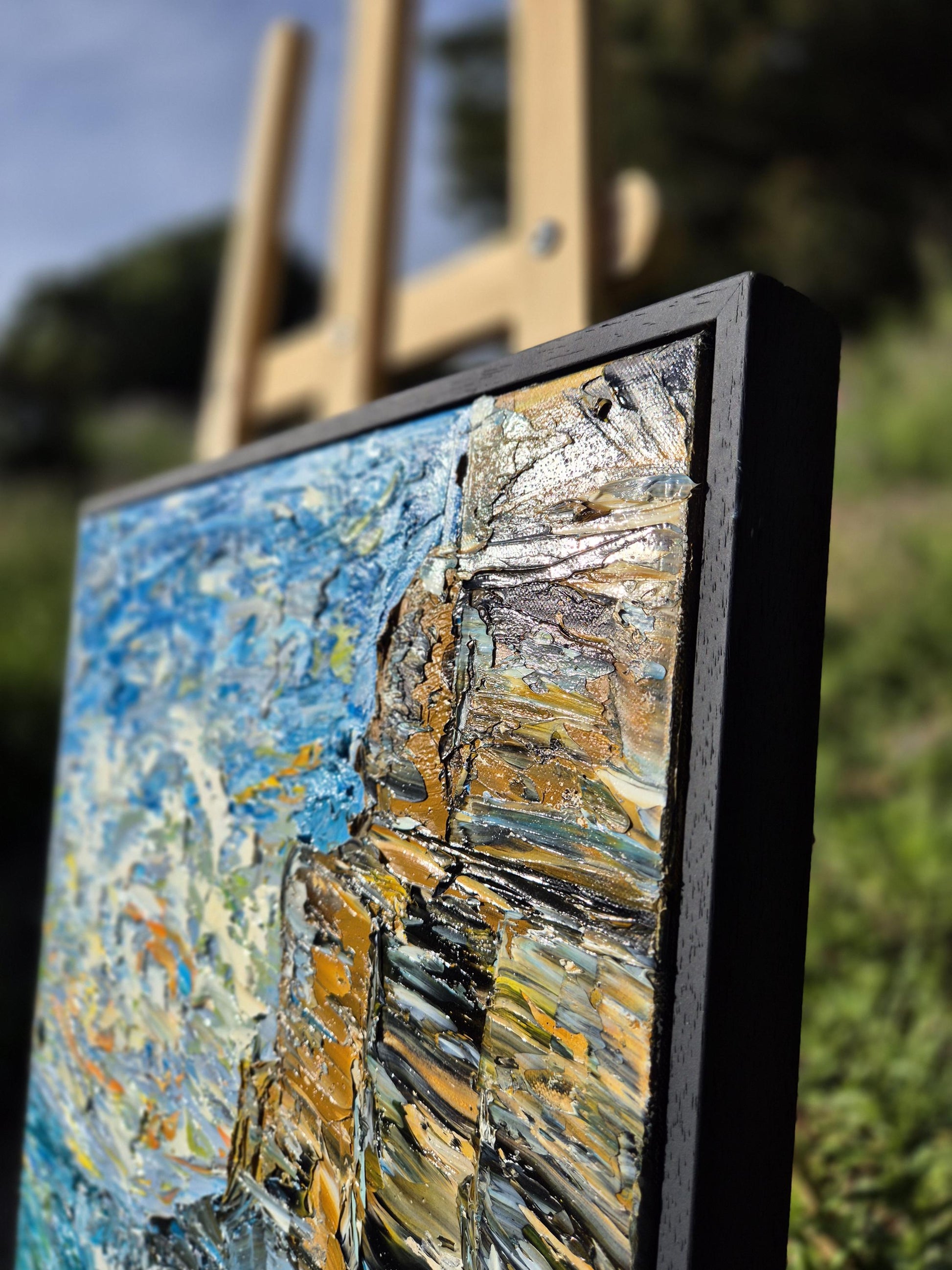 Azure Memory - Coastal Oil Painting - Abstract Ocean Cliff- Mediterranean Textured Canvas Art