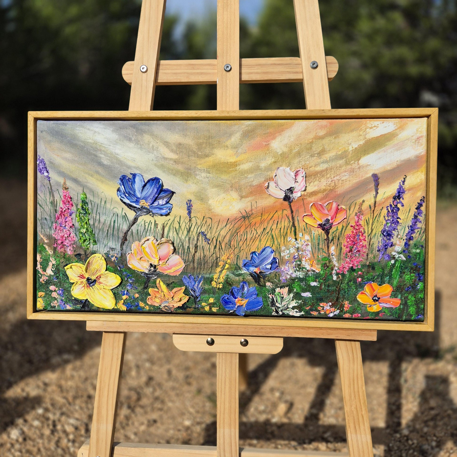 Original Oil Painting 62x32cm - Eternal Spring - Floral Oil on Canvas - Vibrant Wildflower Meadow Oil Painting
