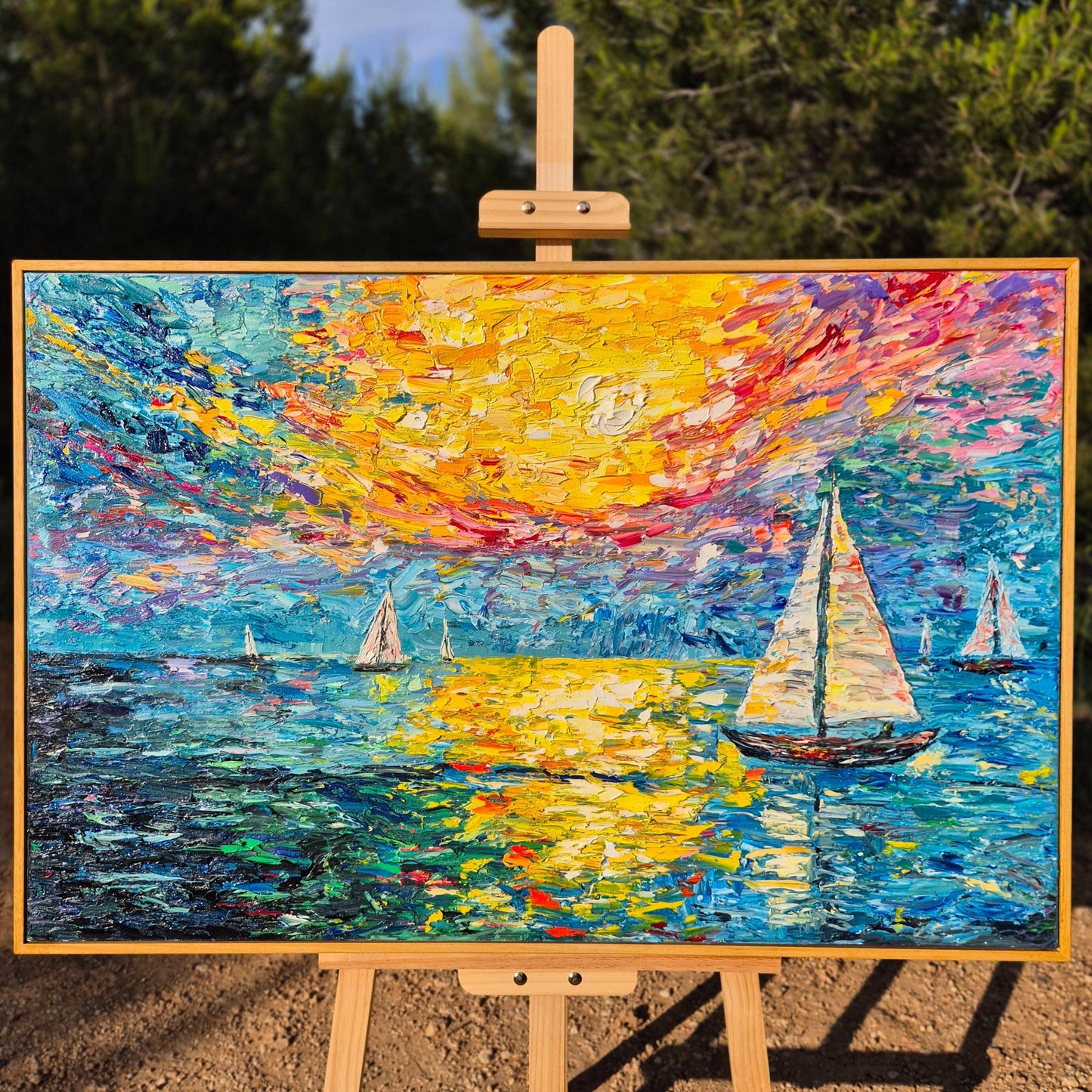 Burning Sky – Original Textured Oil Painting on Canvas - Sunset Sailing Seascape Art