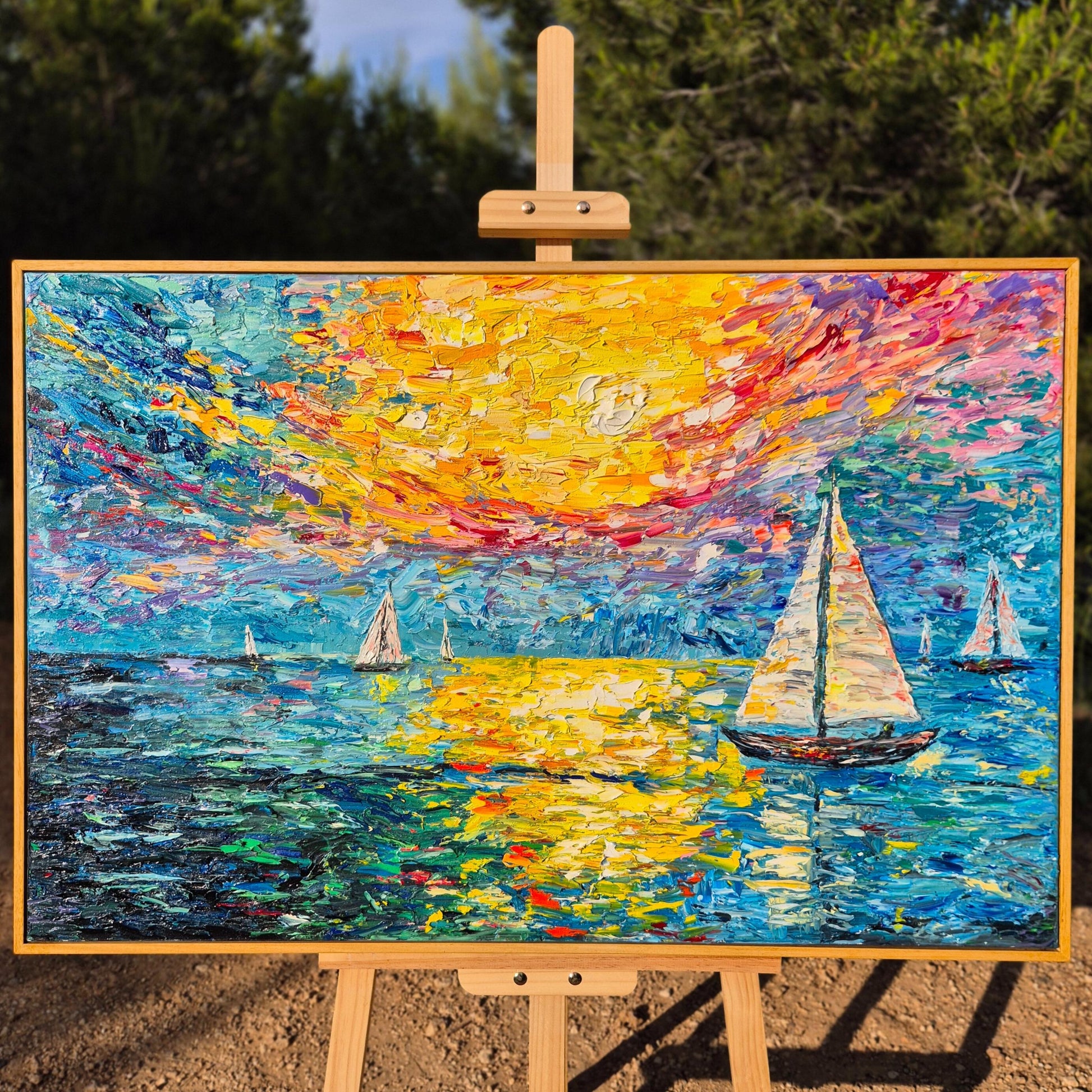 Burning Sky – Original Textured Oil Painting on Canvas - Sunset Sailing Seascape Art