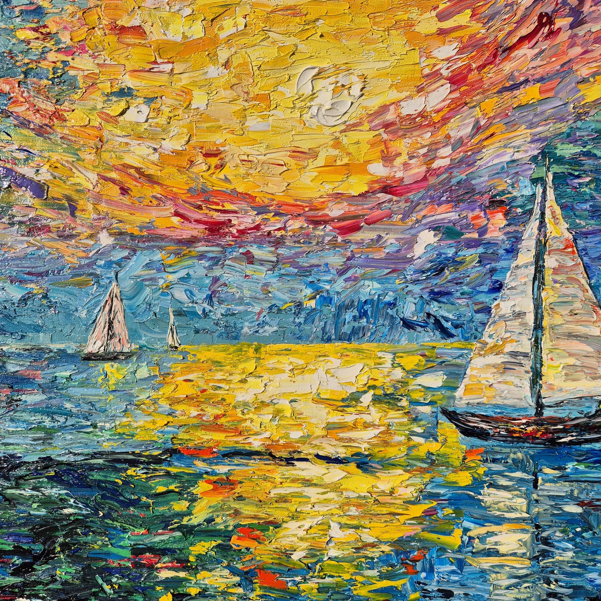 Burning Sky – Original Textured Oil Painting on Canvas - Sunset Sailing Seascape Art