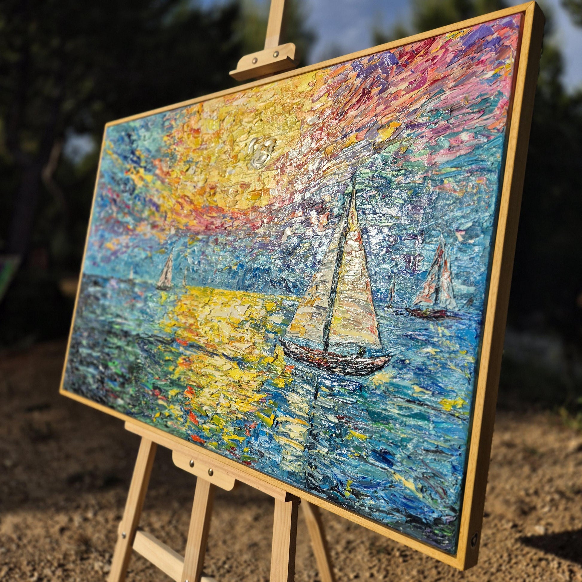 Burning Sky – Original Textured Oil Painting on Canvas - Sunset Sailing Seascape Art