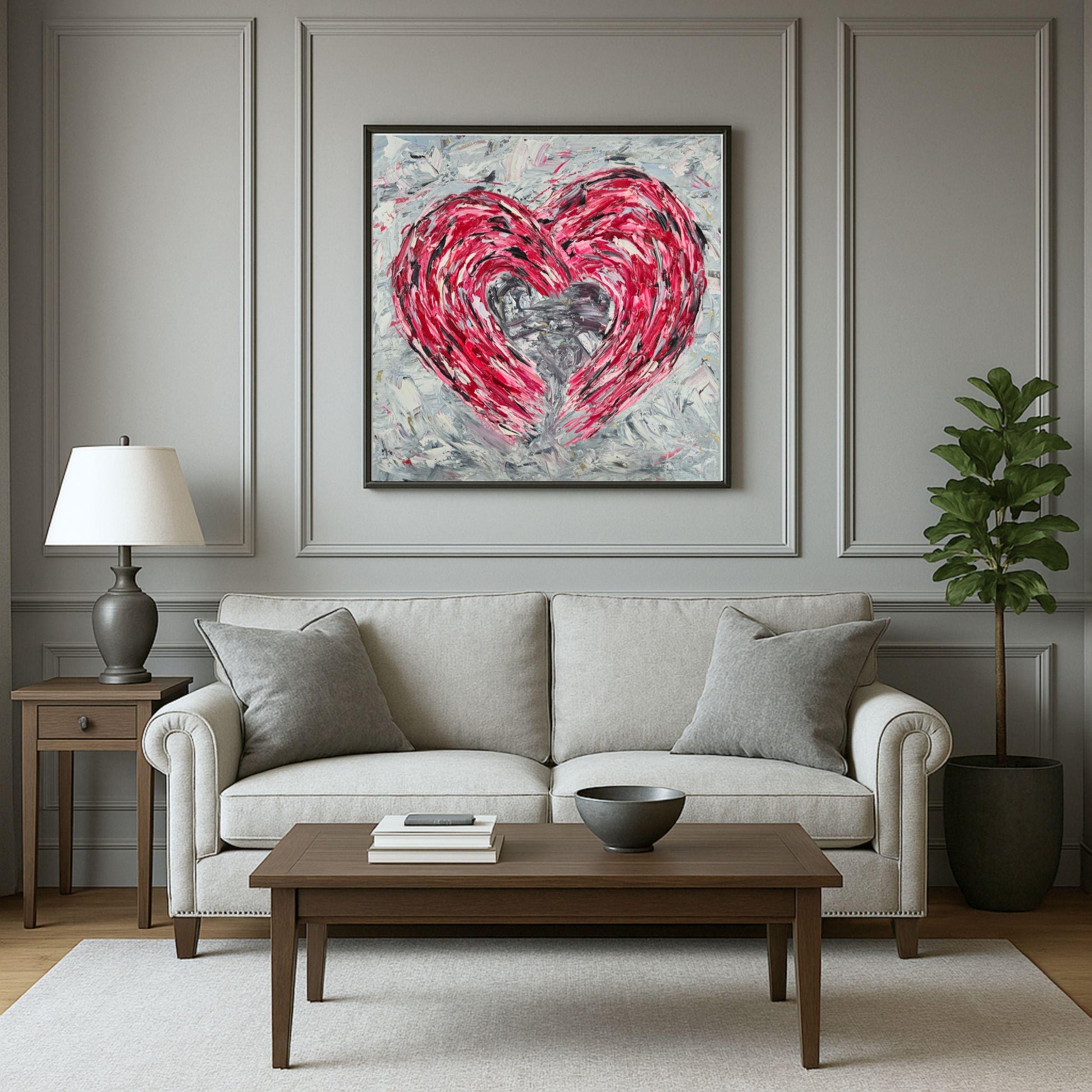 Heart Oil Painting 62x62 cm - Fierce Tenderness - Modern Romantic Wall Art - Handcrafted Textured Canvas Decor for Bedroom & Living Room
