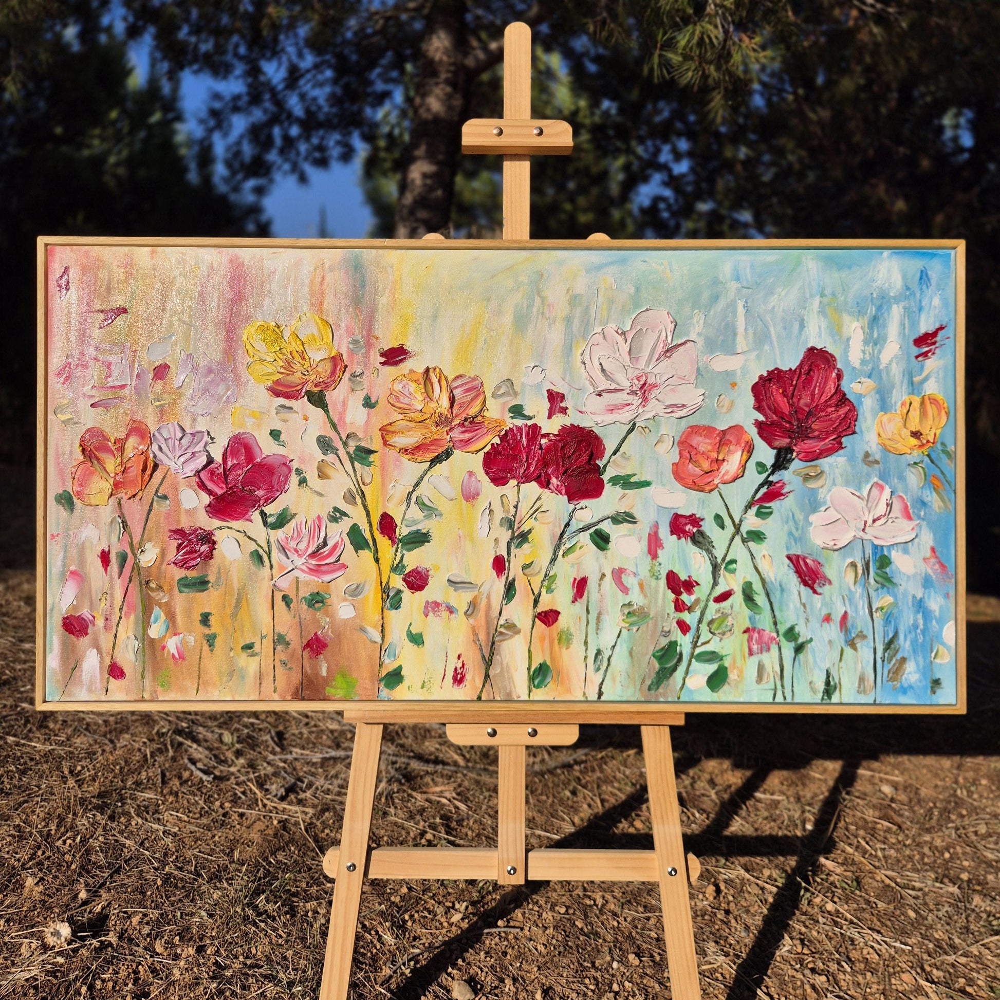 Original Oil Floral Painting 122x62cm - Flora - Original textured oil flower painting on canvas - Spring garden abstract floral art