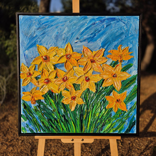Yellow Grace - Original Textured Oil Painting on Canvas - Impressionist Daffodil Floral Art