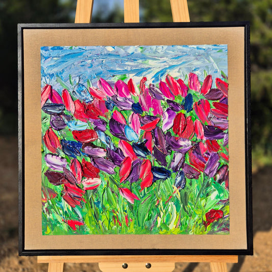 Quiet Garden - Original Textured Oil Painting on Canvas - Impressionist Tulip Field Wall Art - Framed&Ready to Hang