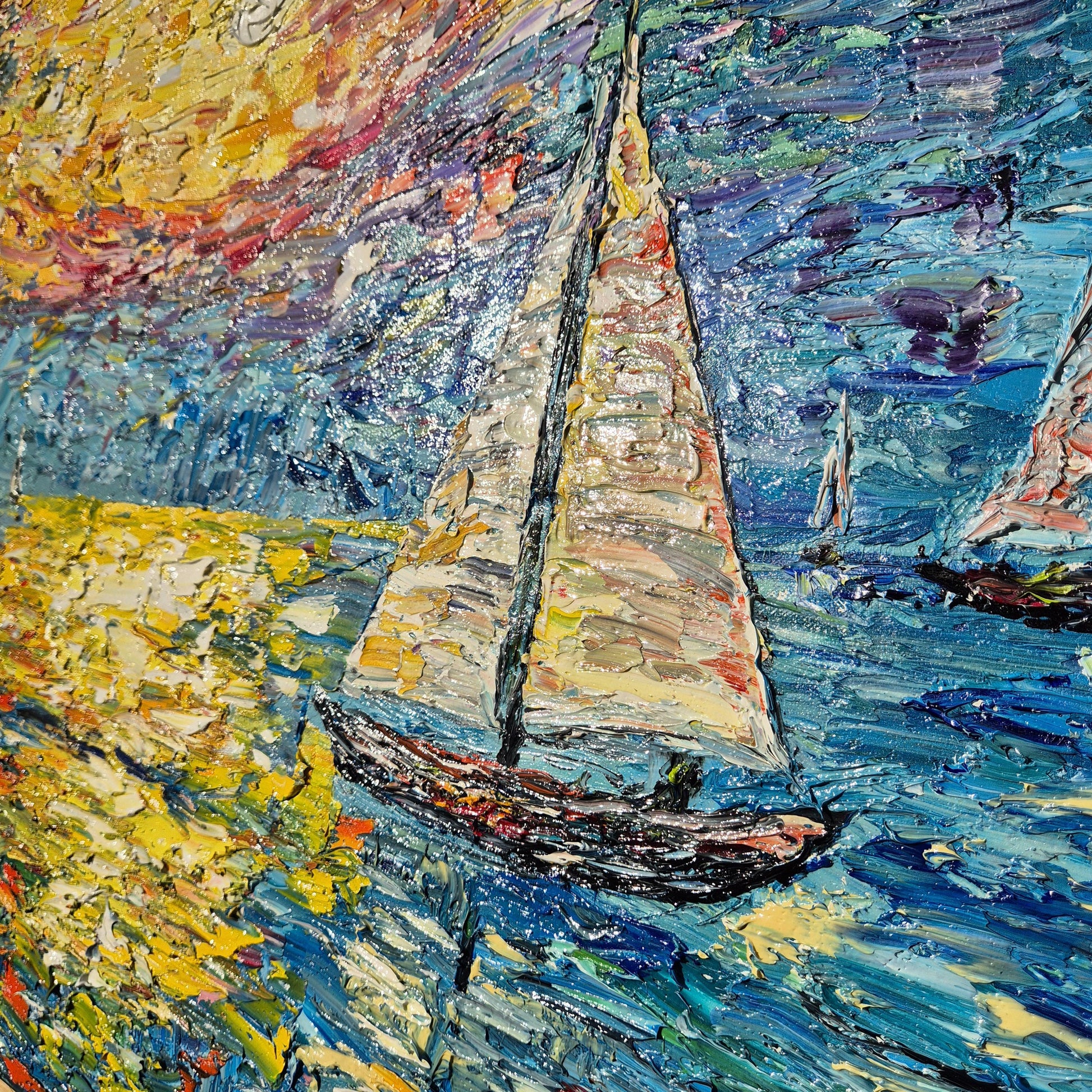 Burning Sky – Original Textured Oil Painting on Canvas - Sunset Sailing Seascape Art