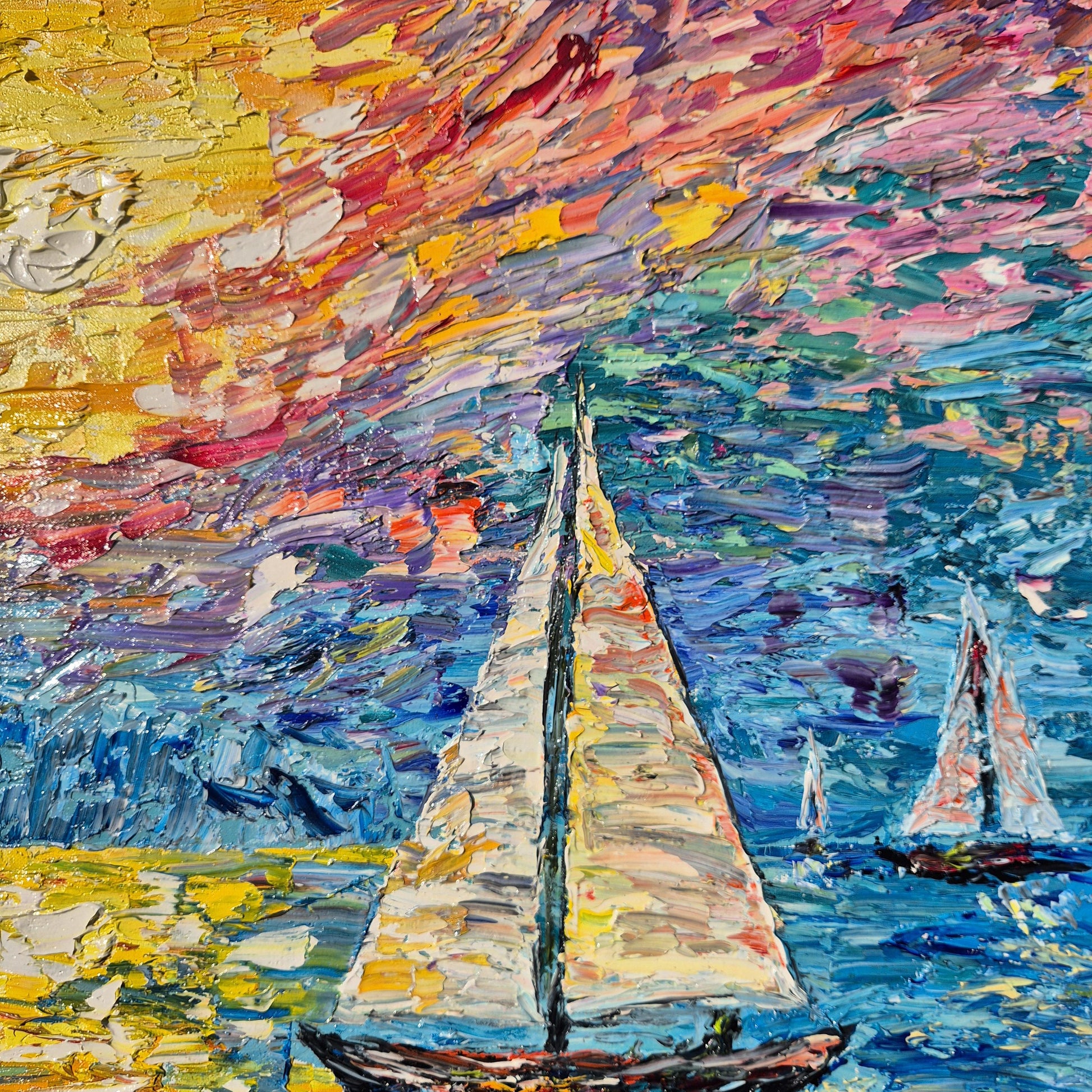 Burning Sky – Original Textured Oil Painting on Canvas - Sunset Sailing Seascape Art