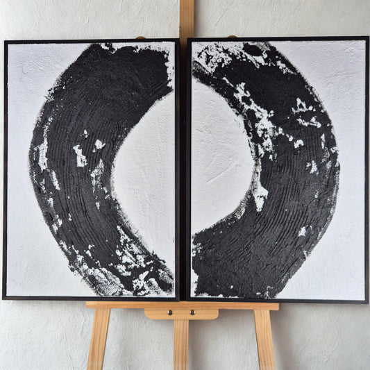 Zen Eclipse - Modern Abstract Black And White Art Diptych Textured Painting - Contemporary Wall Decor - Minimalist Energy